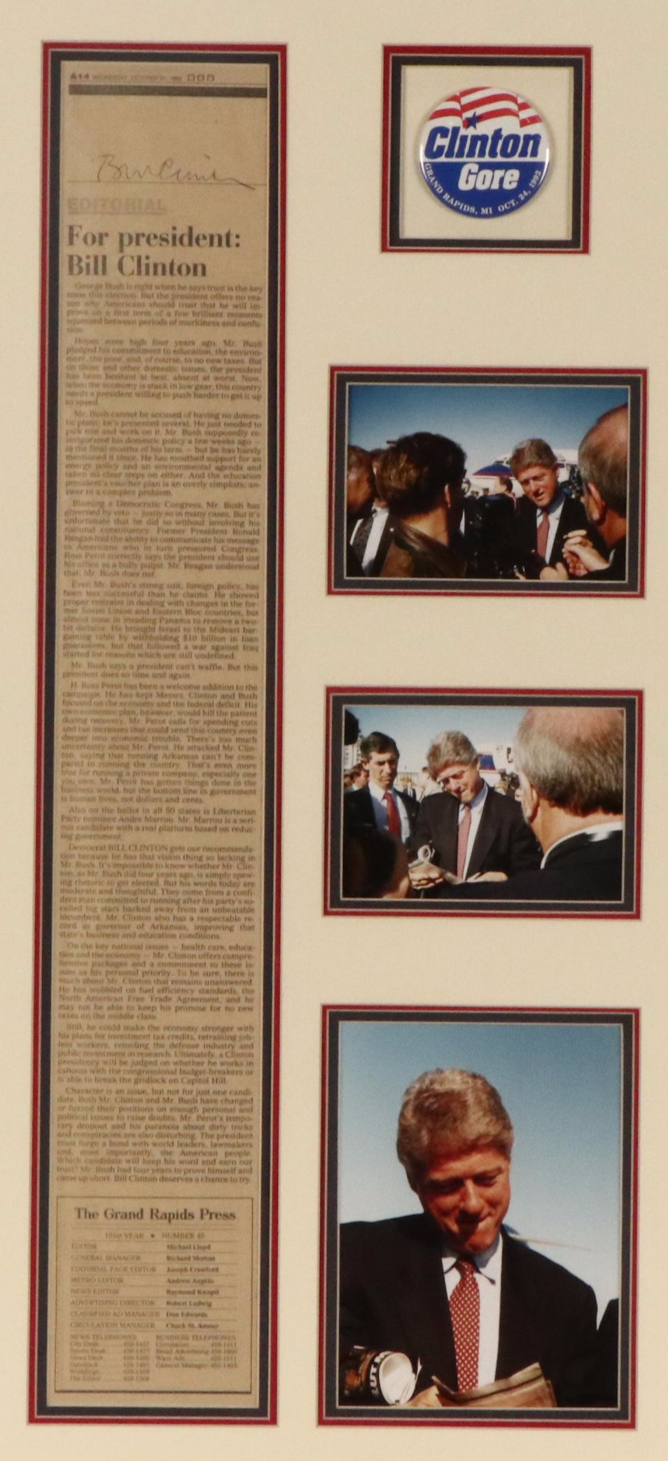 Autographed Newspaper, Photographs and Pin from Bill Clinton's Campaign, 1992