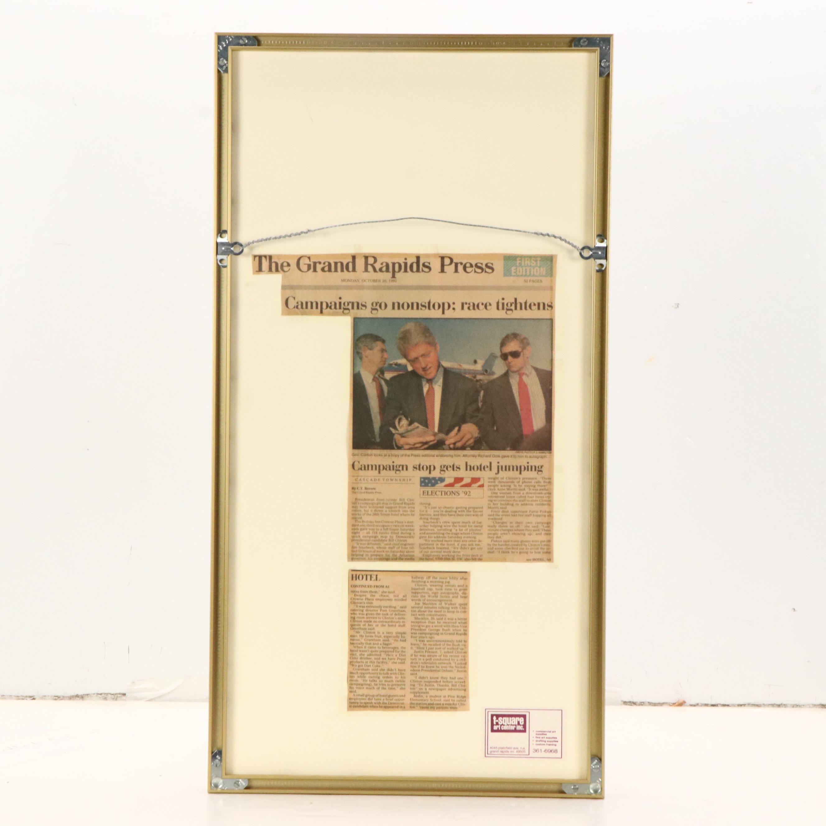 Autographed Newspaper, Photographs and Pin from Bill Clinton's Campaign, 1992