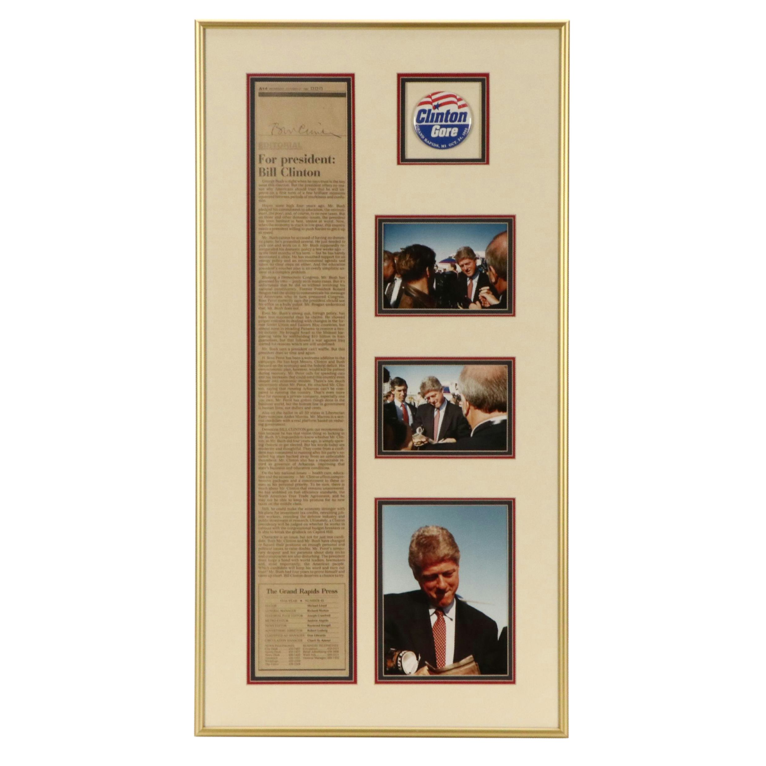 Autographed Newspaper, Photographs and Pin from Bill Clinton's Campaign, 1992