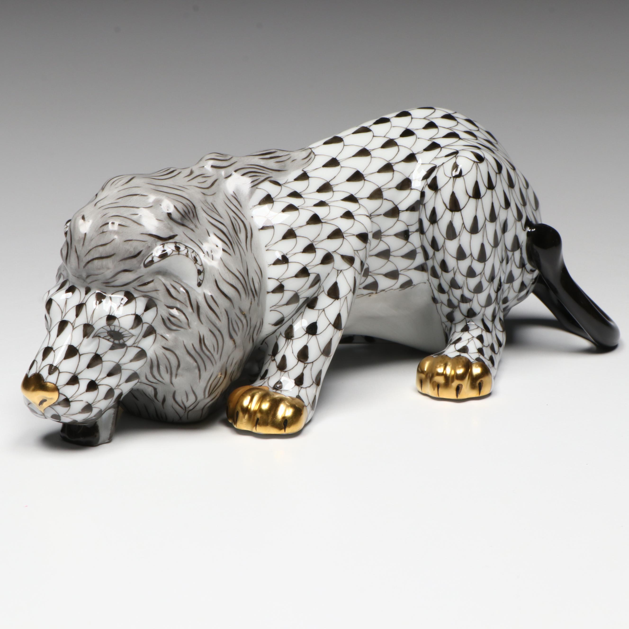 Herend 175th Anniversary Black Fishnet with Gold "Lion" Porcelain Figurine, 2001