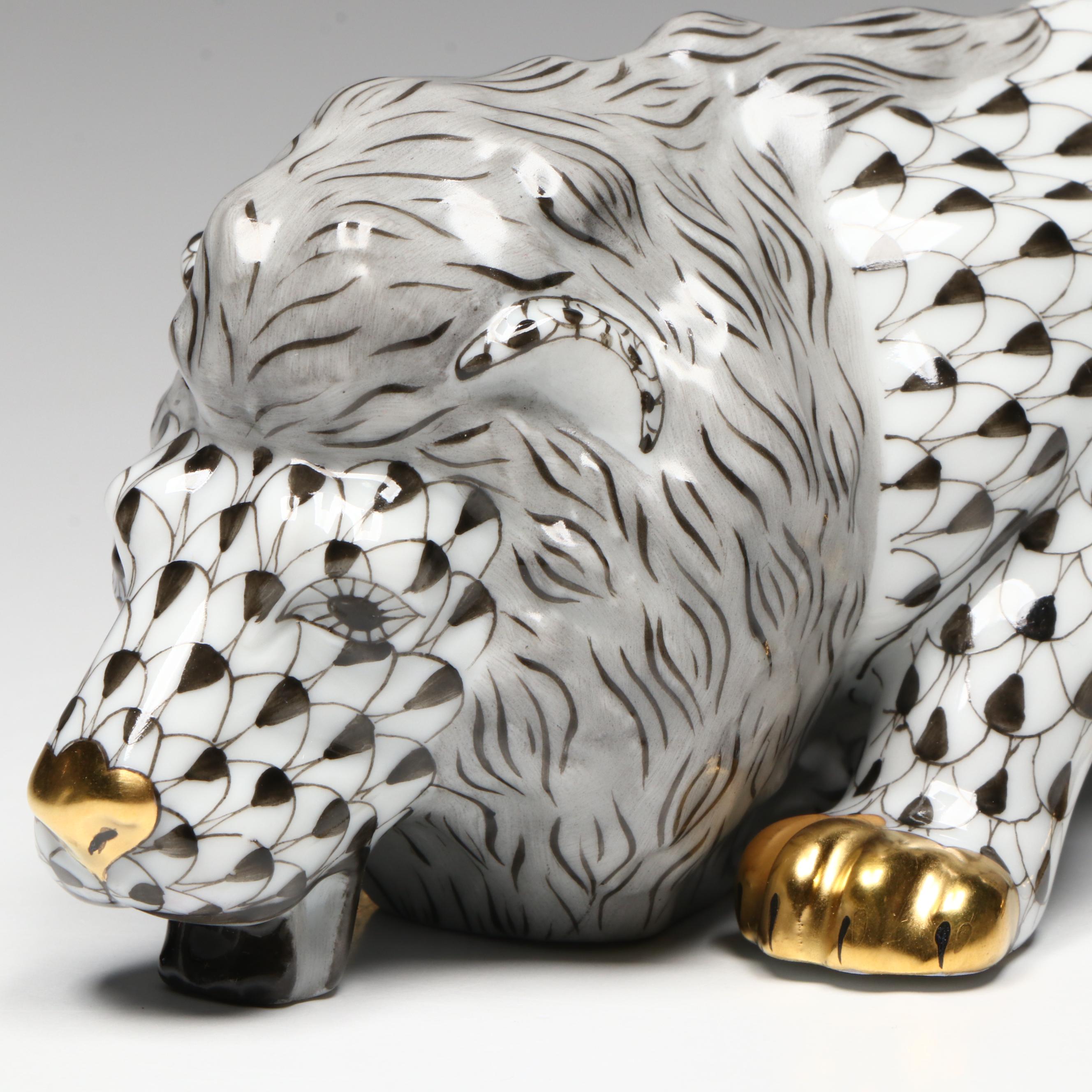 Herend 175th Anniversary Black Fishnet with Gold "Lion" Porcelain Figurine, 2001