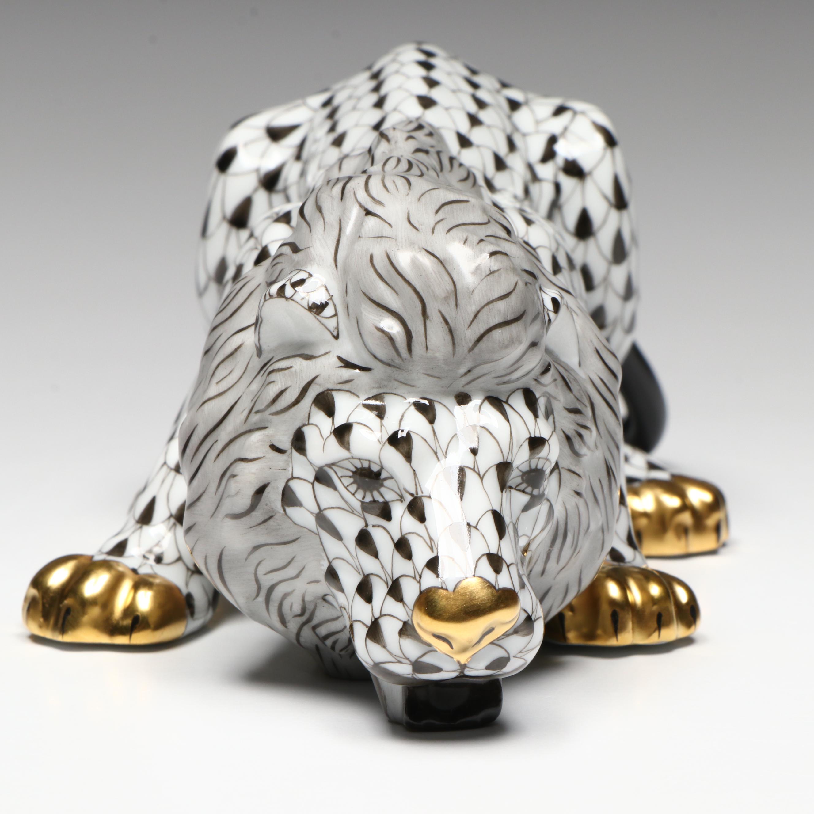 Herend 175th Anniversary Black Fishnet with Gold "Lion" Porcelain Figurine, 2001