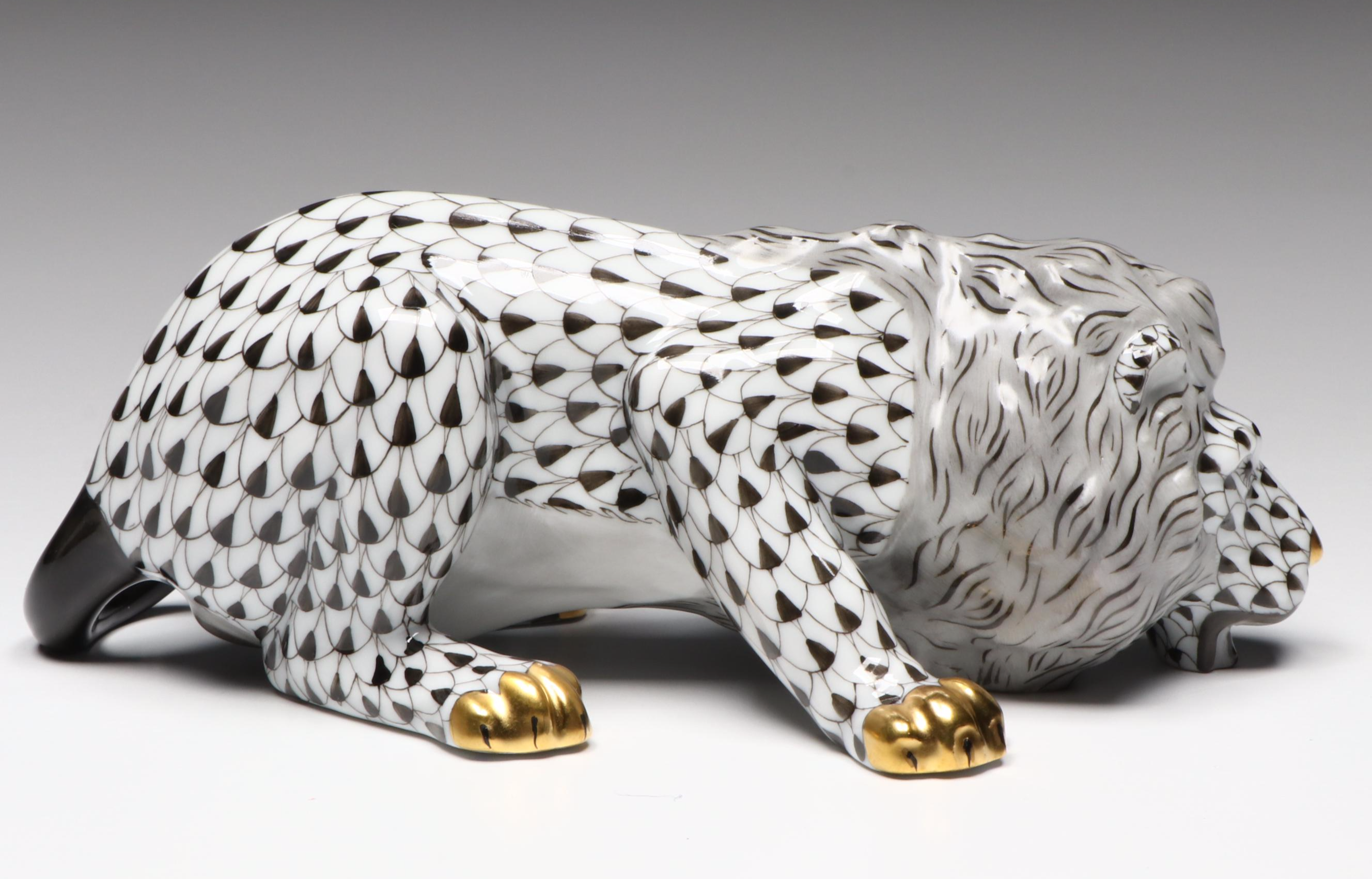 Herend 175th Anniversary Black Fishnet with Gold "Lion" Porcelain Figurine, 2001
