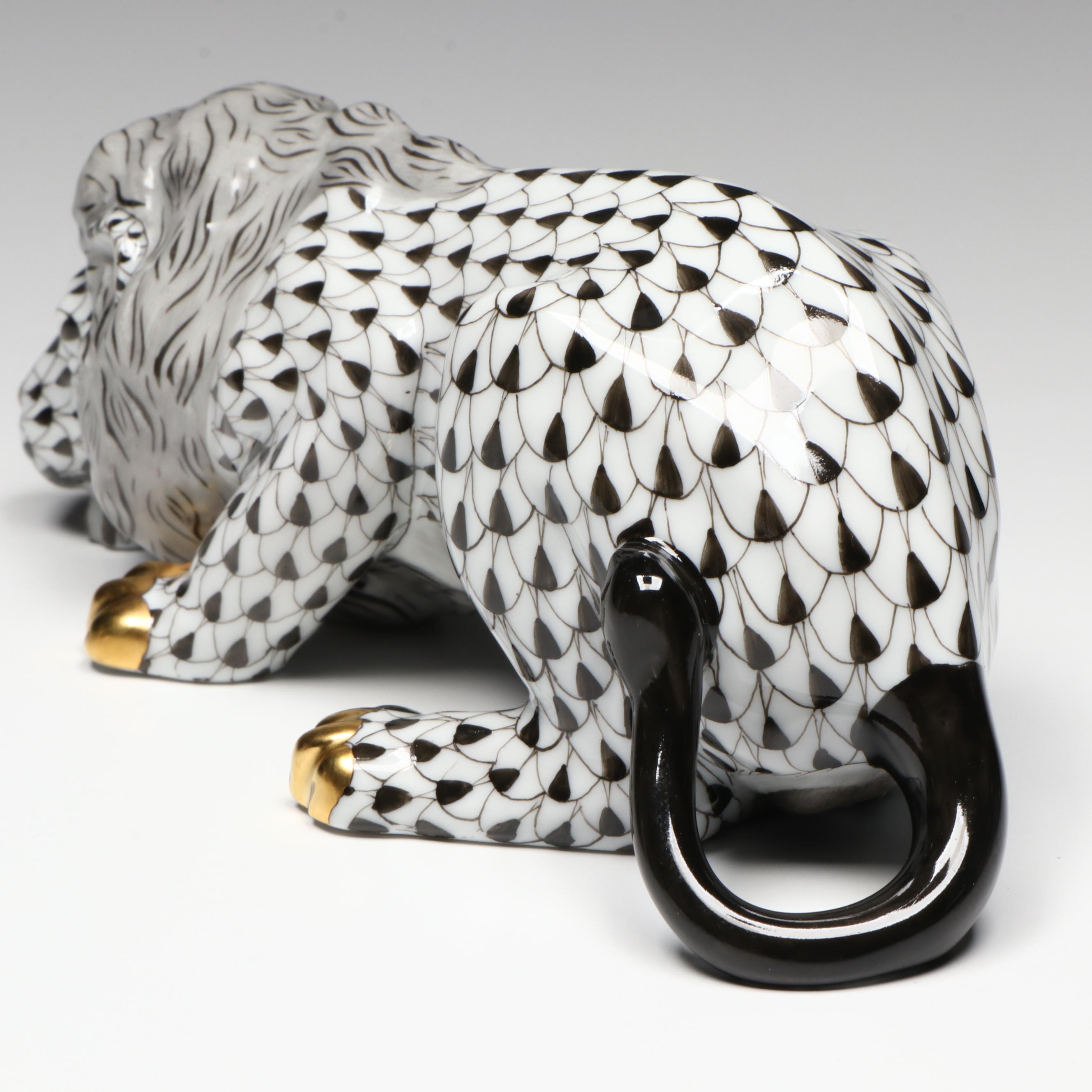 Herend 175th Anniversary Black Fishnet with Gold "Lion" Porcelain Figurine, 2001