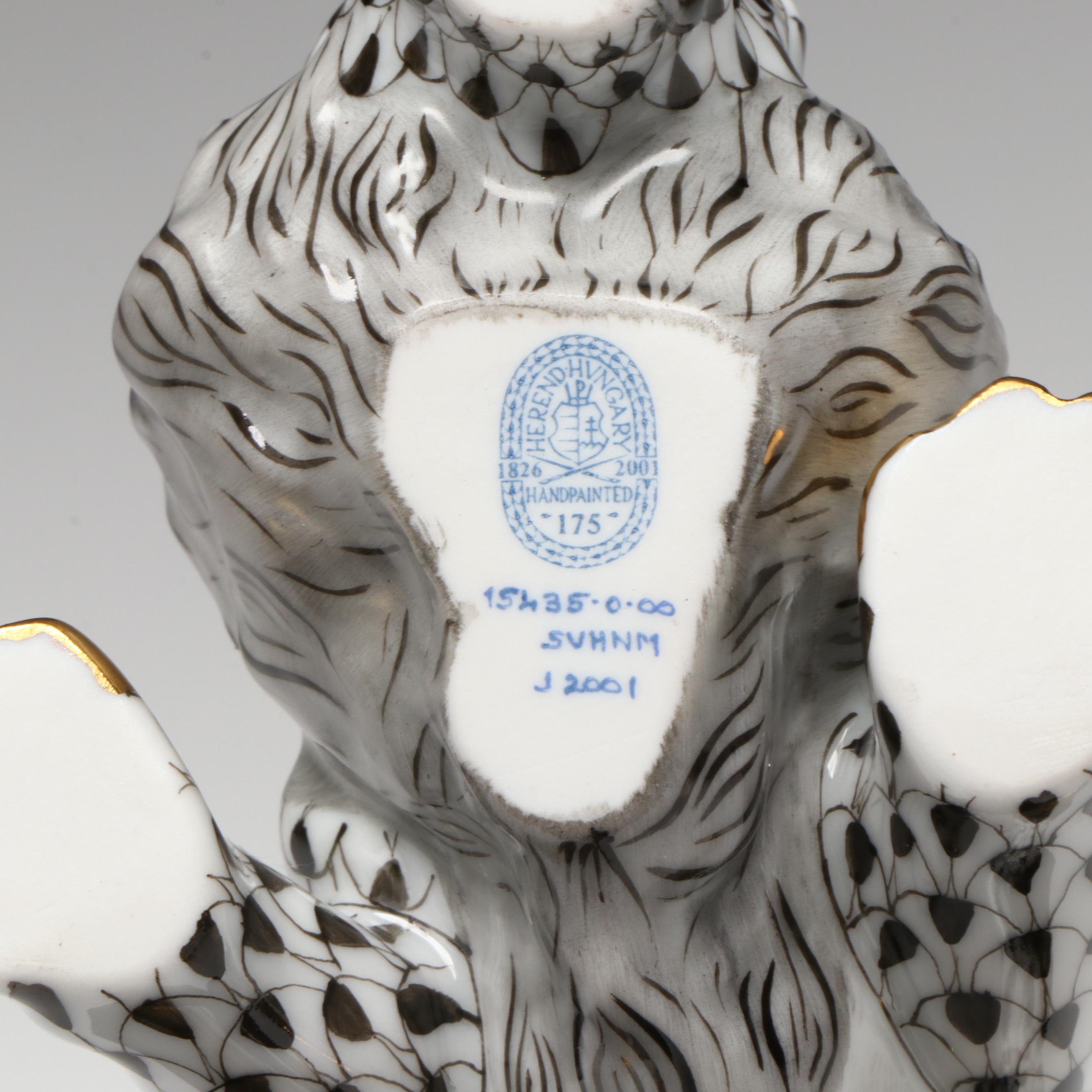 Herend 175th Anniversary Black Fishnet with Gold "Lion" Porcelain Figurine, 2001