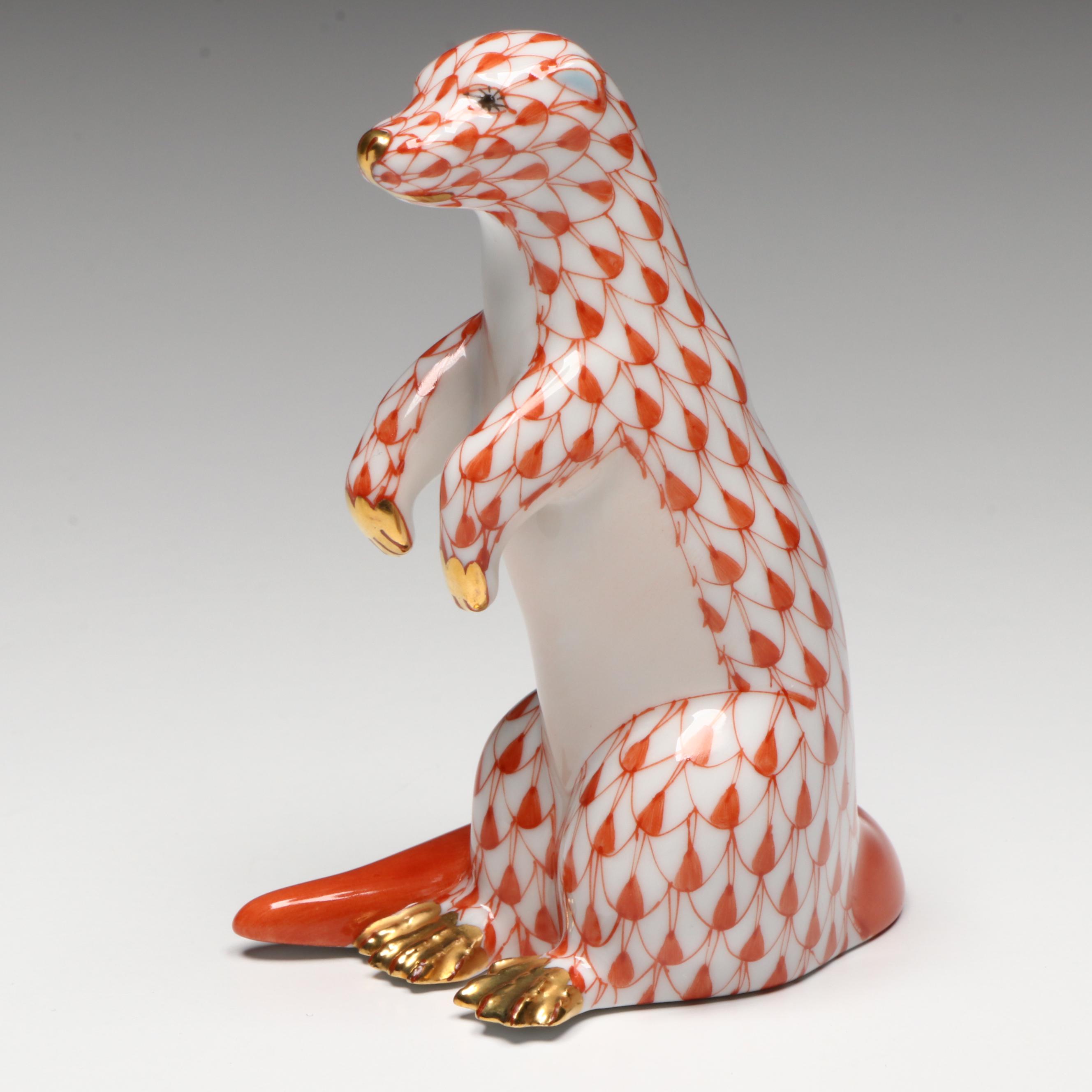 Herend Rust Fishnet with Gold "Standing Sea Otter" Porcelain Figurine, 1999
