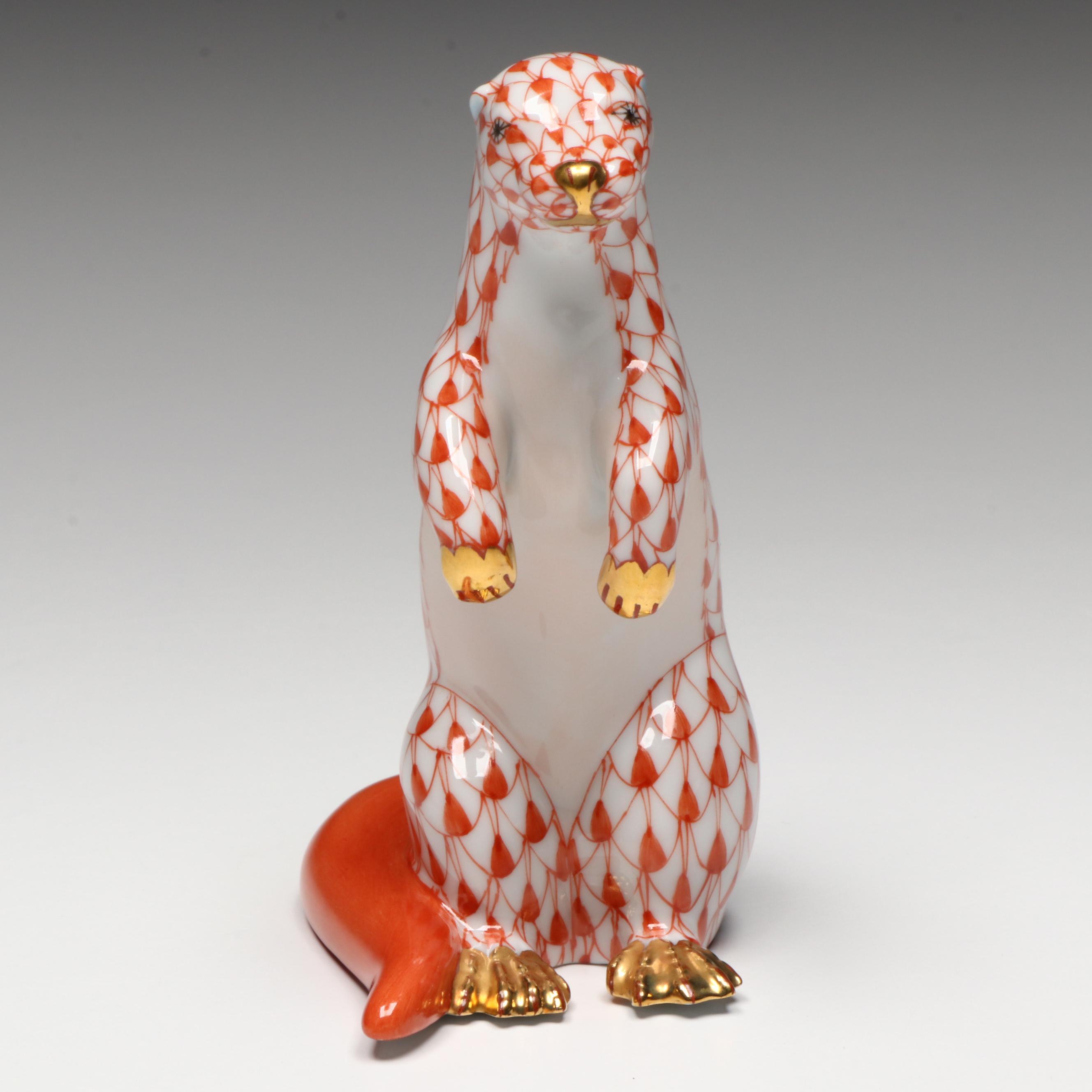 Herend Rust Fishnet with Gold "Standing Sea Otter" Porcelain Figurine, 1999