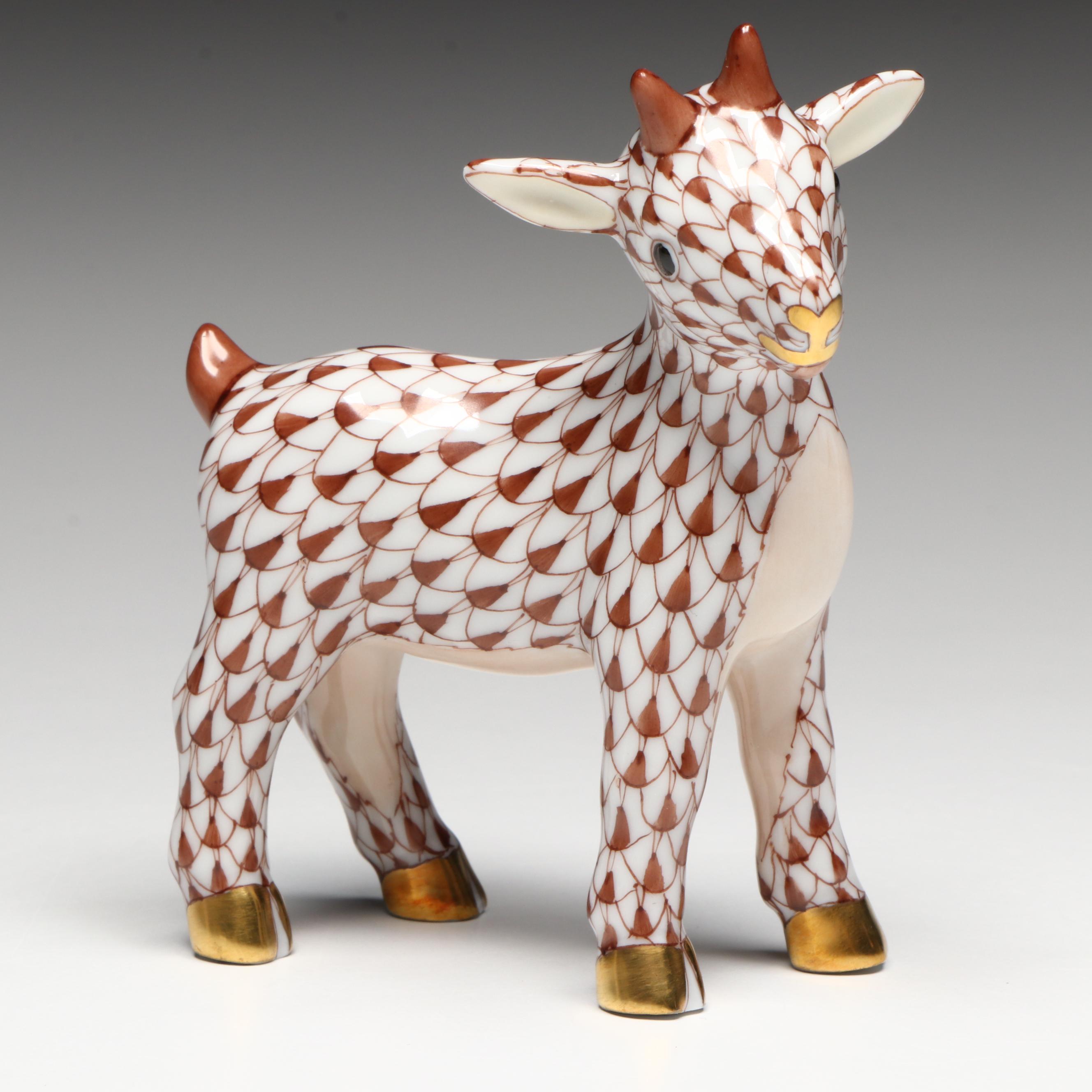 Herend Chocolate Fishnet with Gold "Goatling" Porcelain Figurine