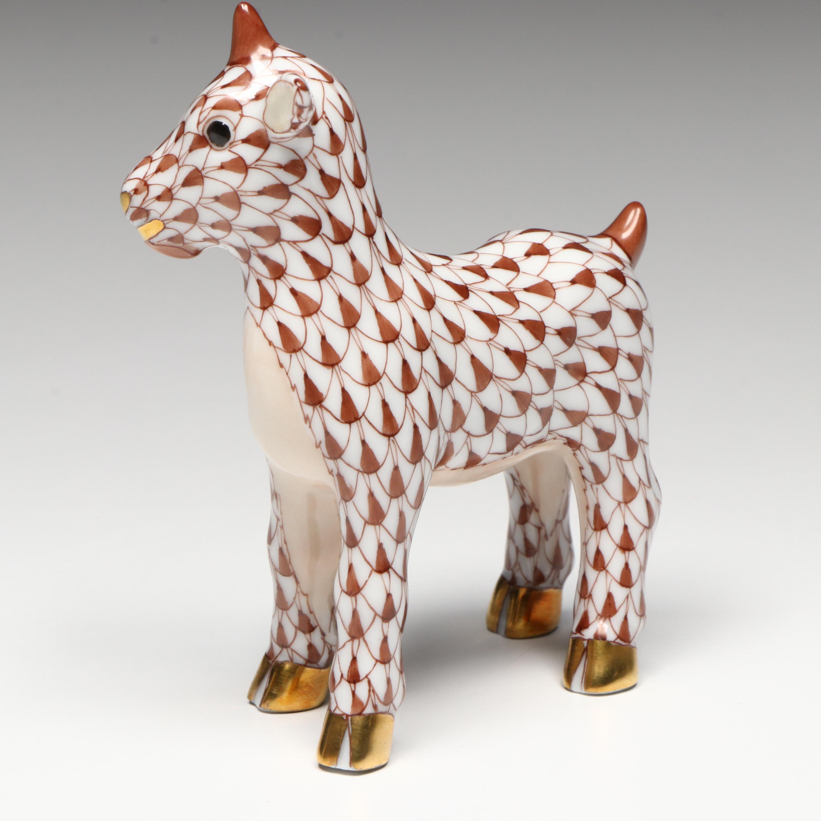 Herend Chocolate Fishnet with Gold "Goatling" Porcelain Figurine