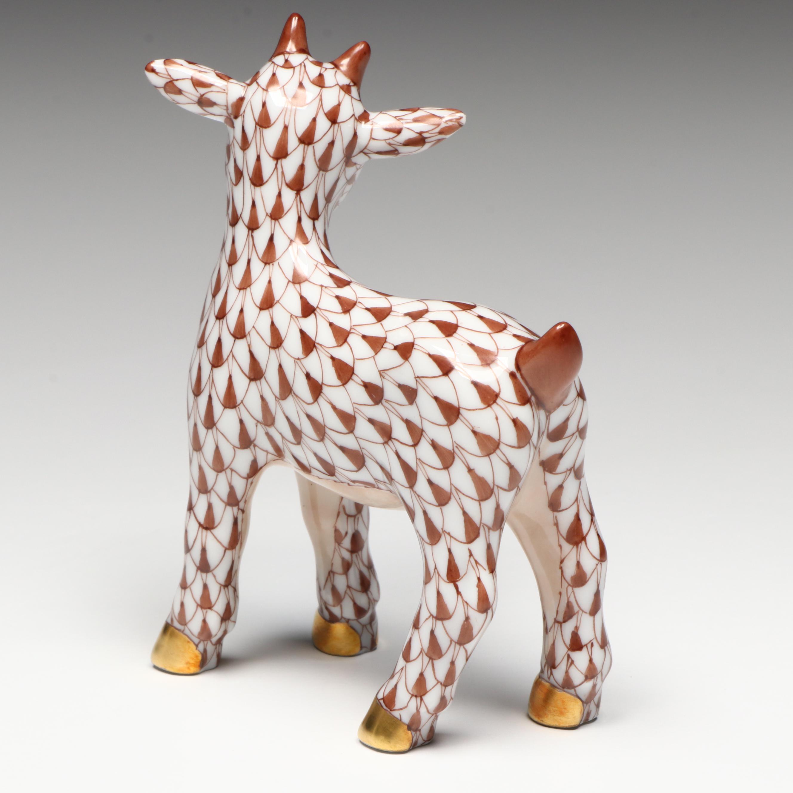 Herend Chocolate Fishnet with Gold "Goatling" Porcelain Figurine