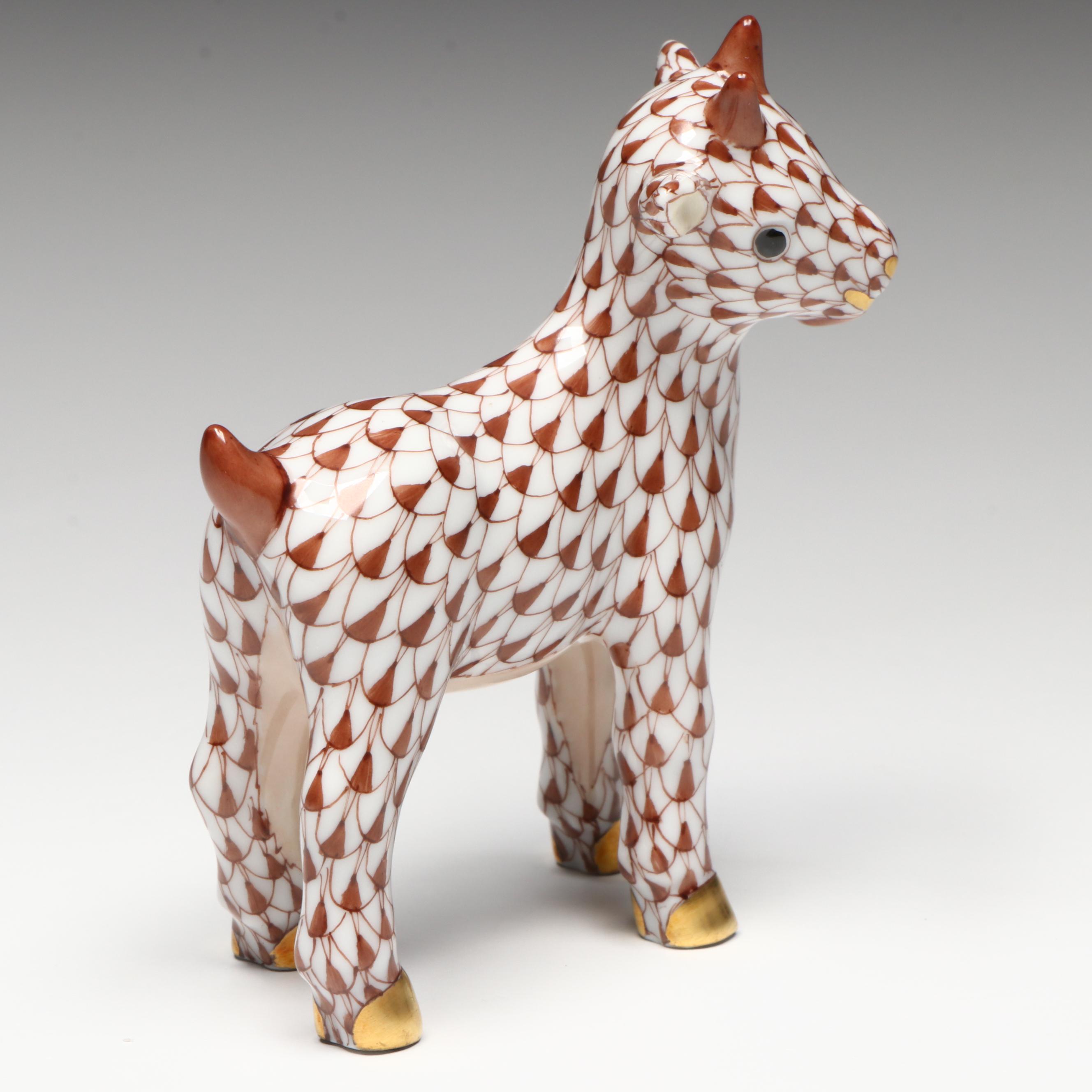 Herend Chocolate Fishnet with Gold "Goatling" Porcelain Figurine