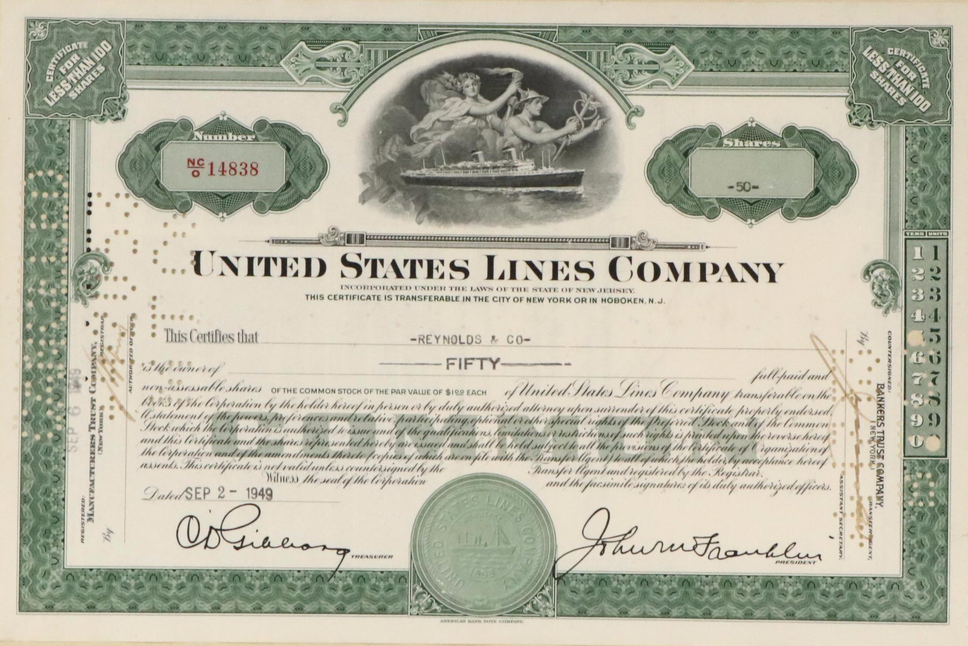 United States Lines Company Stock Certificate, 1949