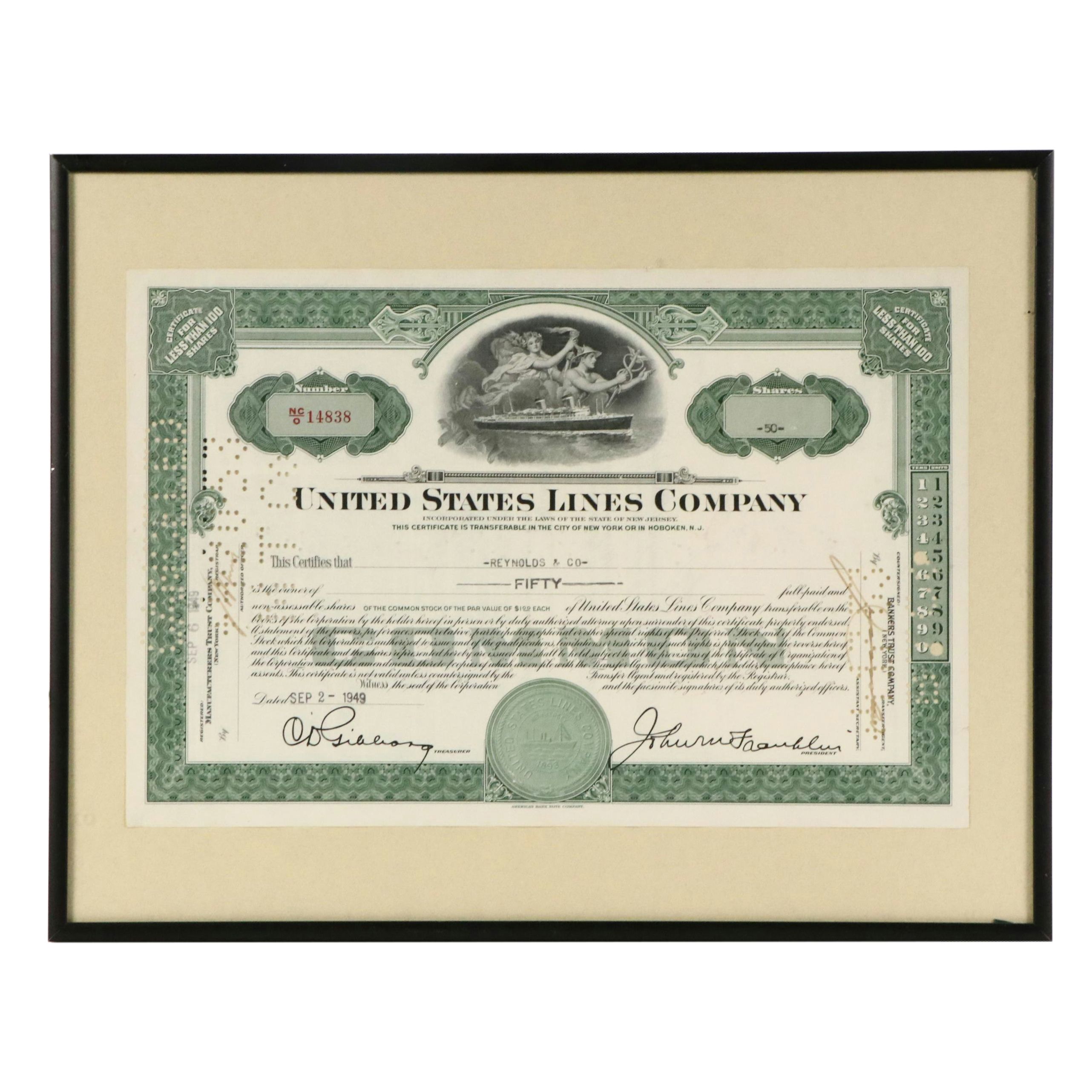United States Lines Company Stock Certificate, 1949