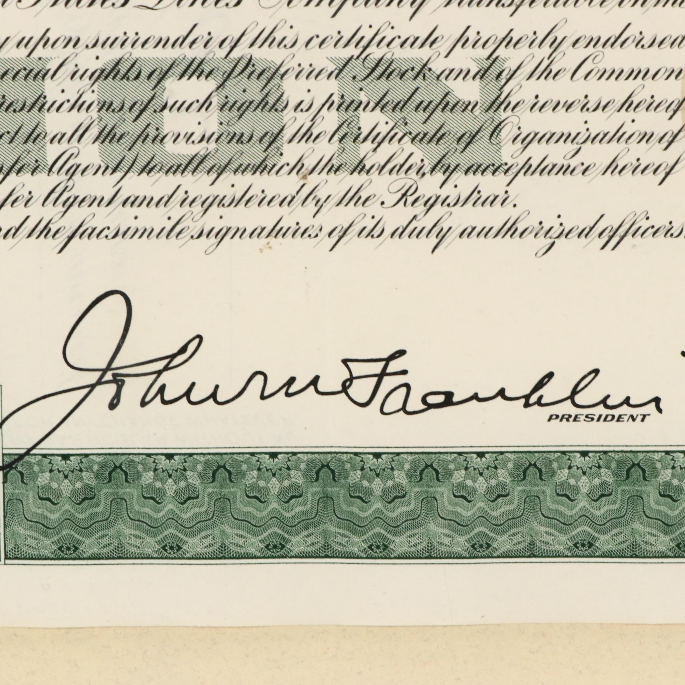 United States Lines Company Stock Certificate, 1949