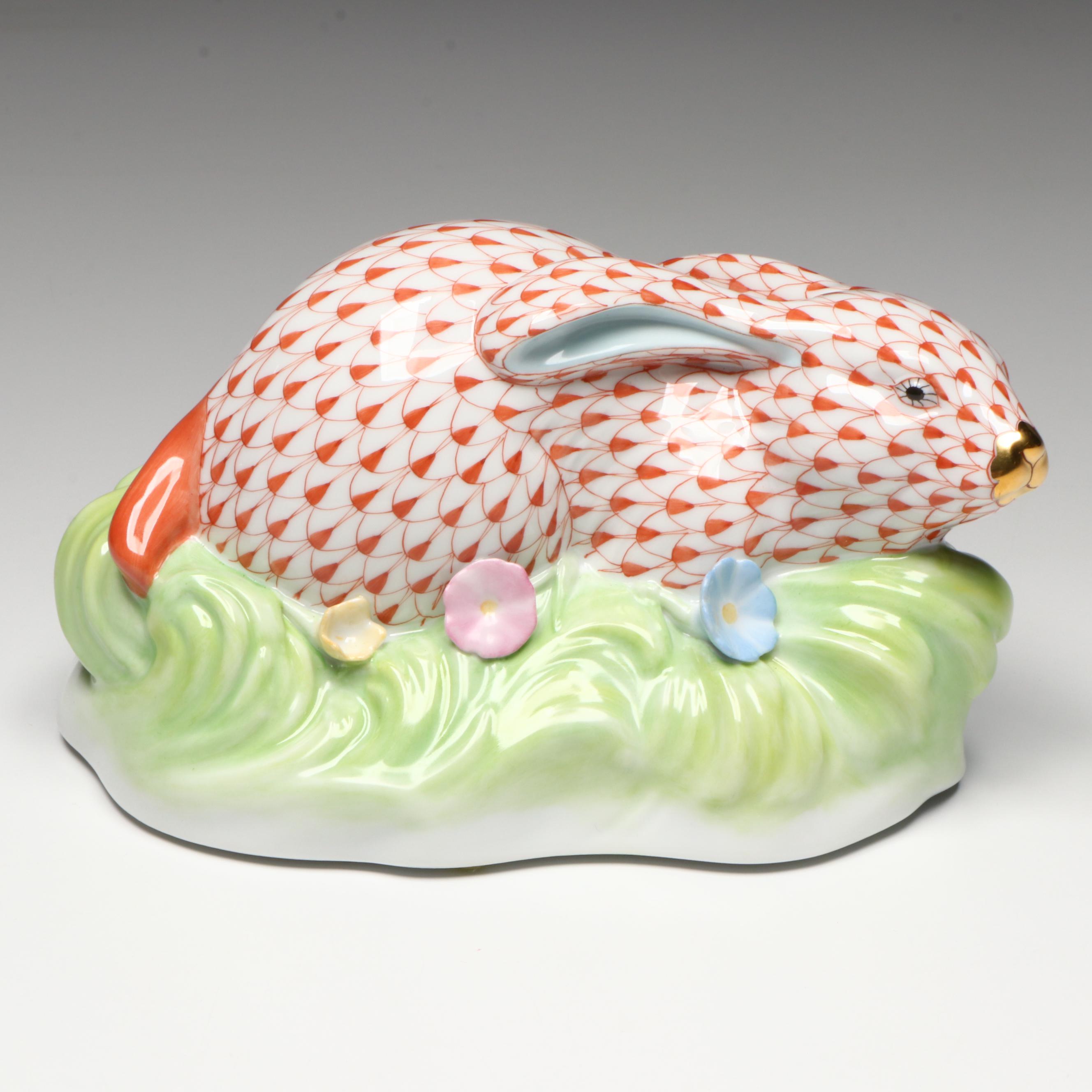 Herend Rust Fishnet with Gold "Rabbit in Grass" Porcelain Figurine