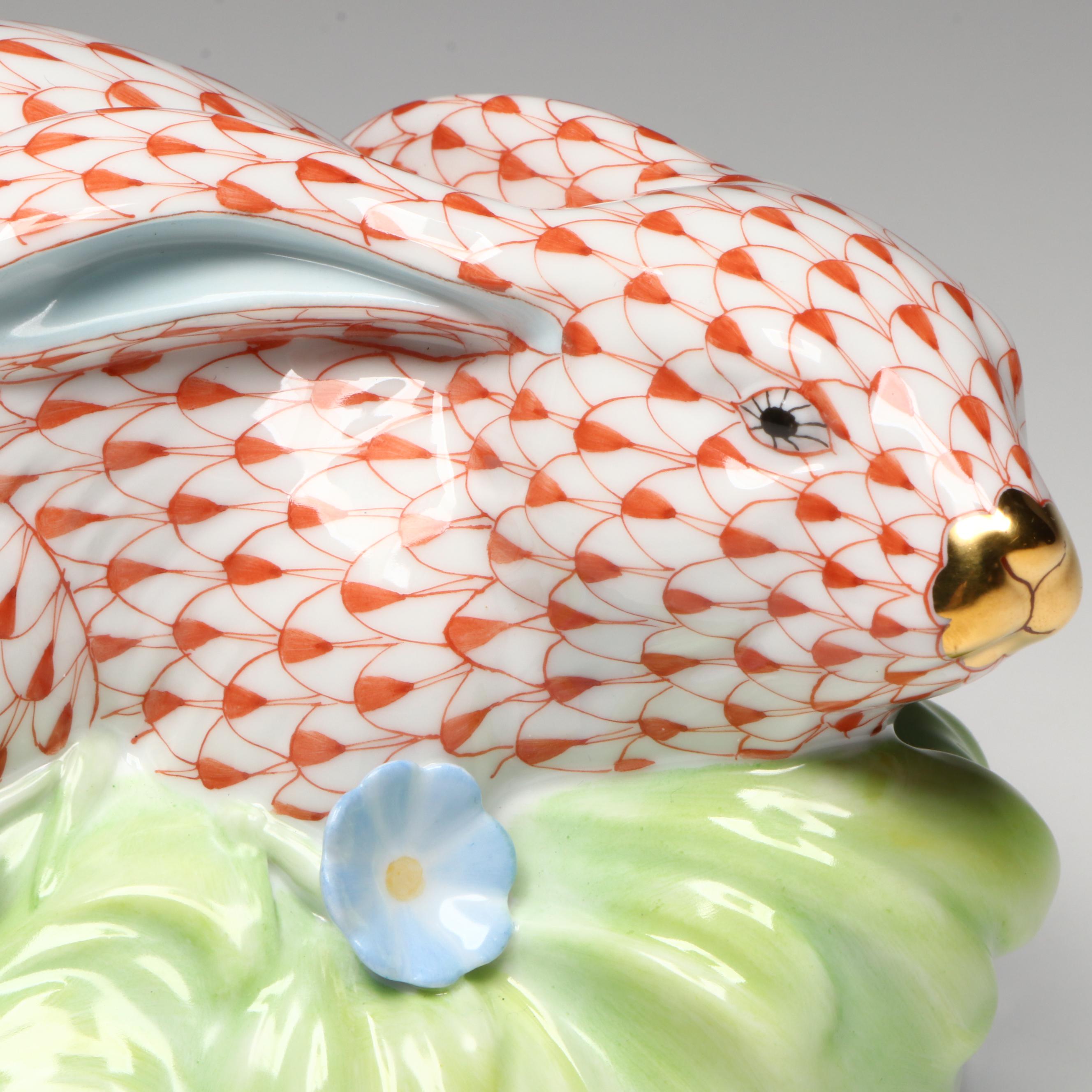 Herend Rust Fishnet with Gold "Rabbit in Grass" Porcelain Figurine