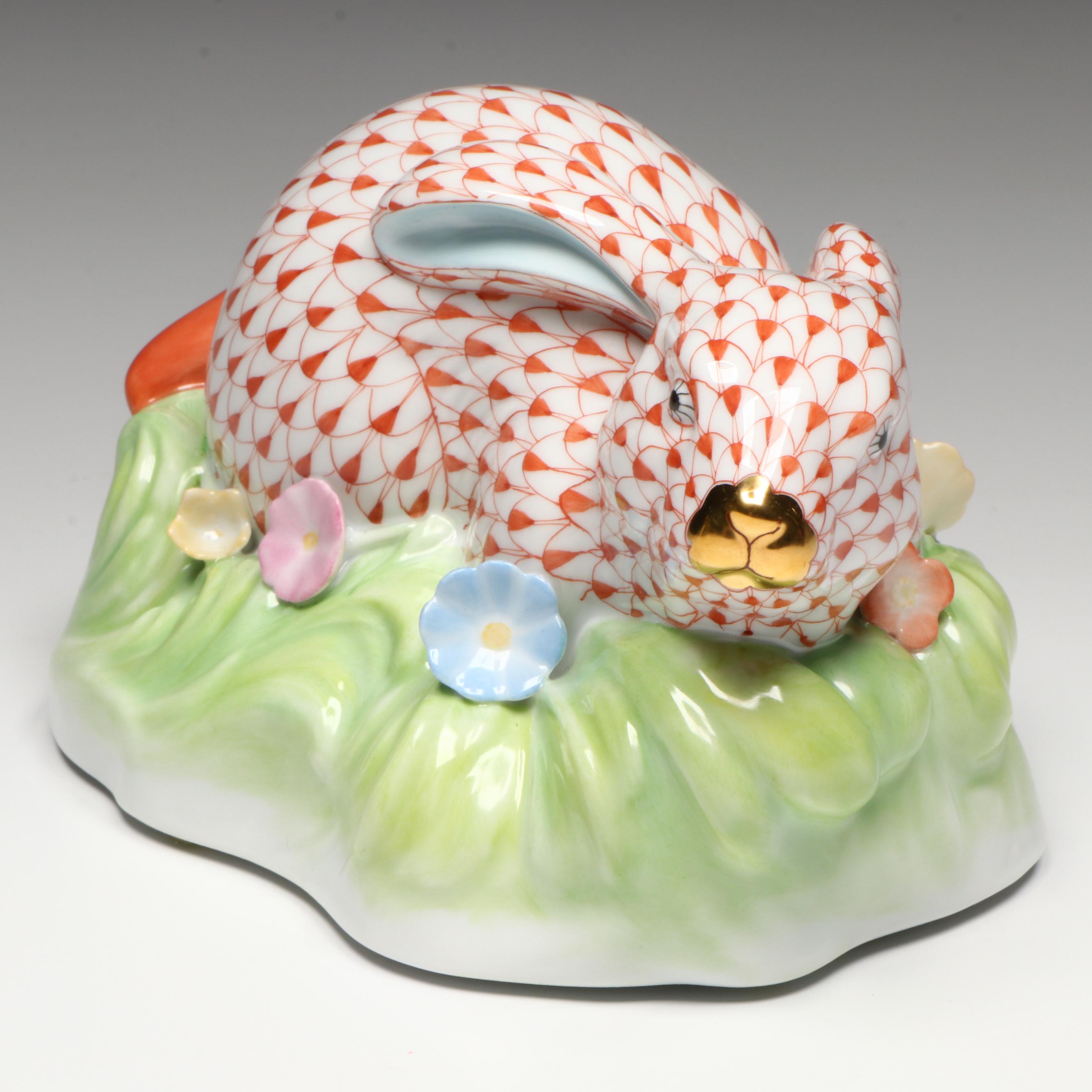 Herend Rust Fishnet with Gold "Rabbit in Grass" Porcelain Figurine