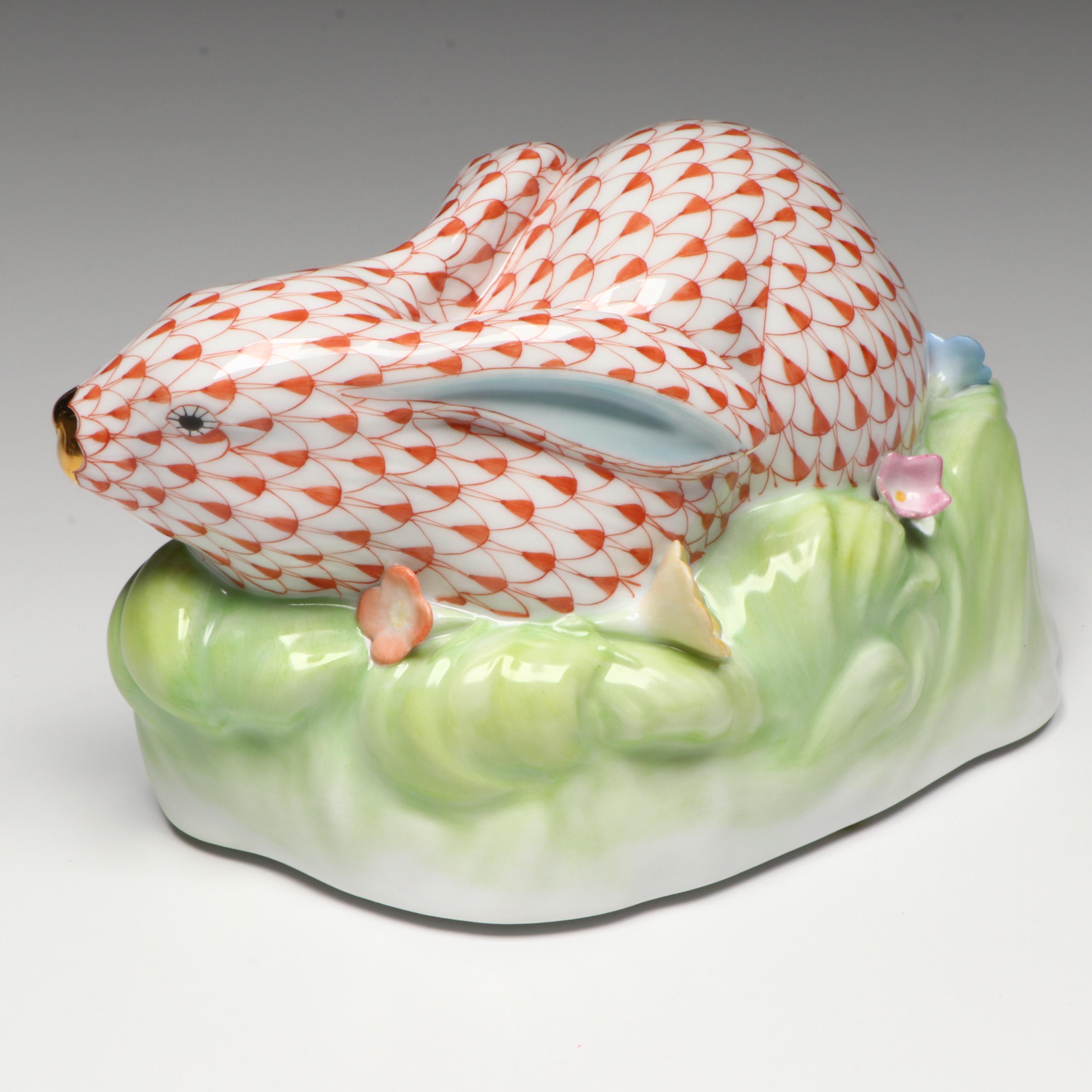 Herend Rust Fishnet with Gold "Rabbit in Grass" Porcelain Figurine