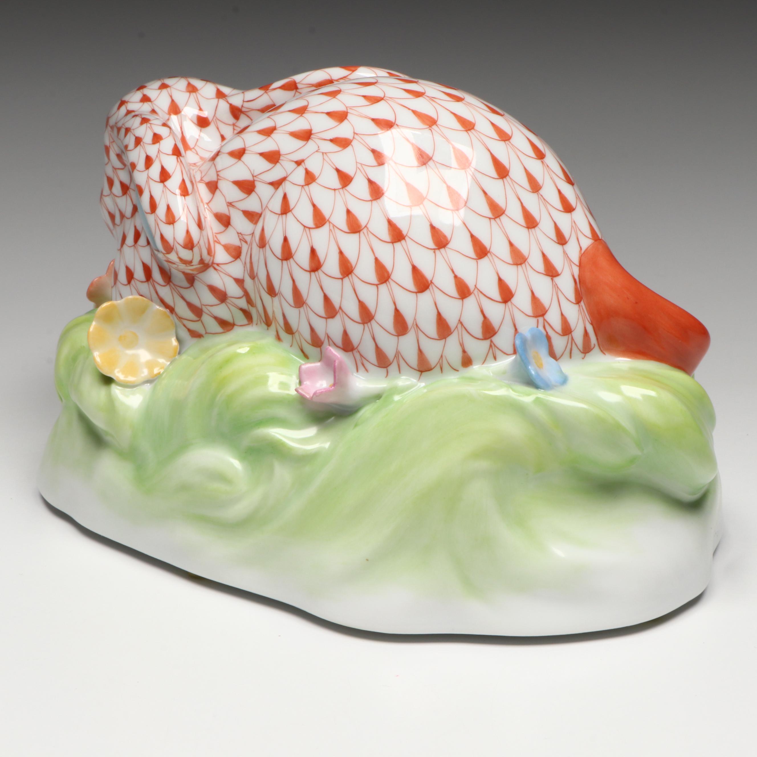 Herend Rust Fishnet with Gold "Rabbit in Grass" Porcelain Figurine