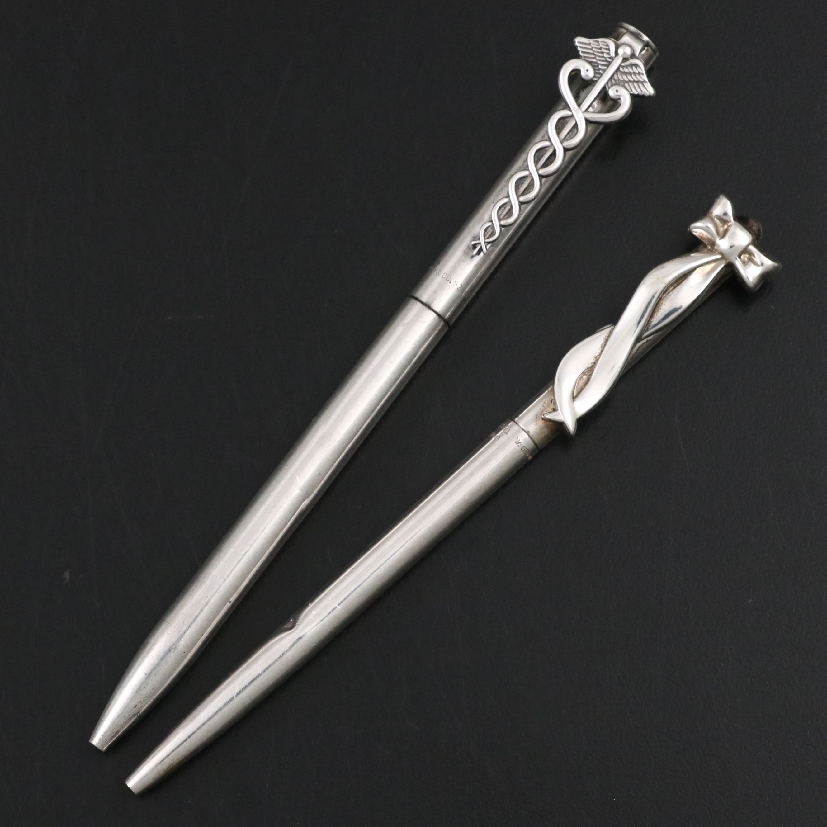 Tiffany & Co. Sterling Silver Caduceus and Ribbon Ballpoint Pens