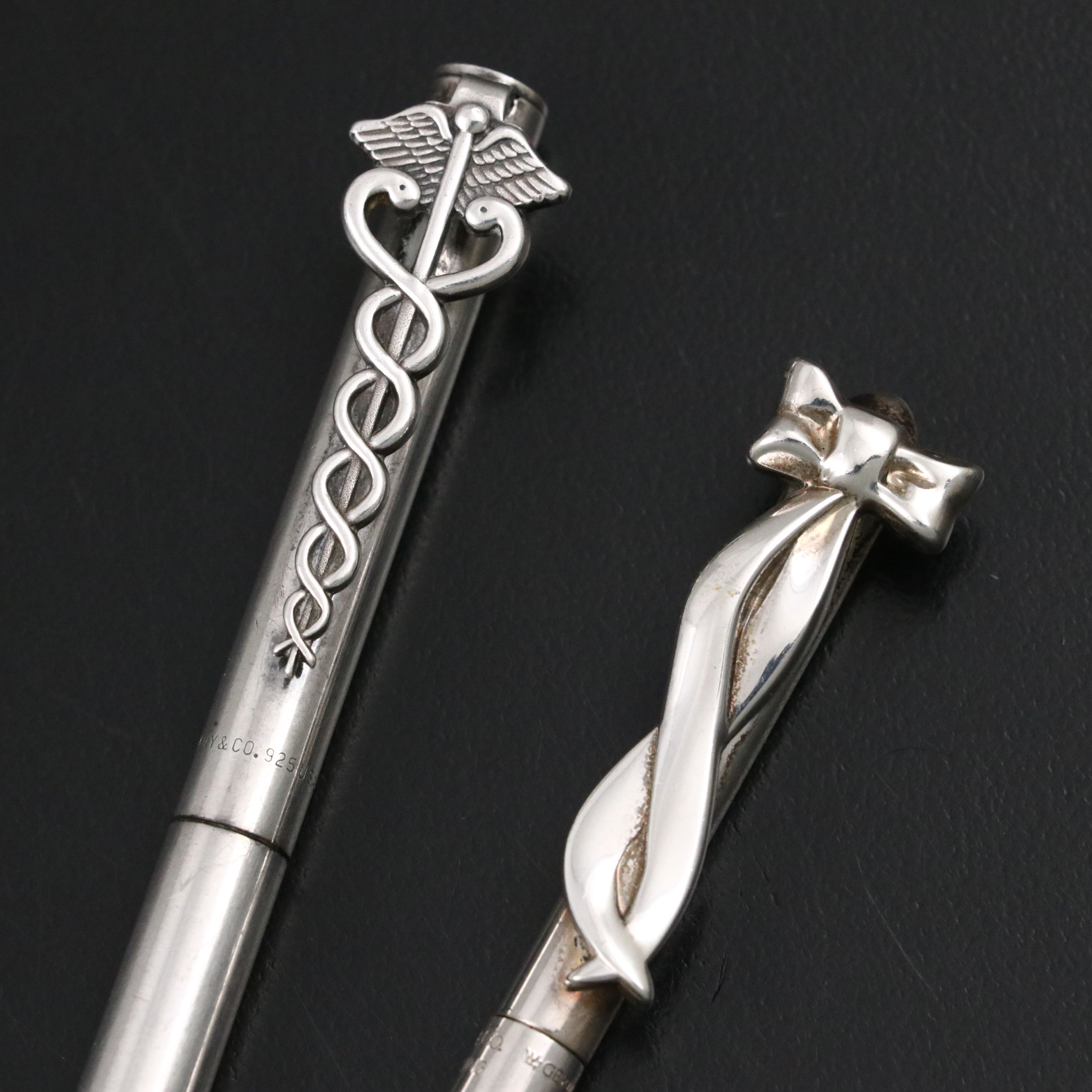 Tiffany & Co. Sterling Silver Caduceus and Ribbon Ballpoint Pens