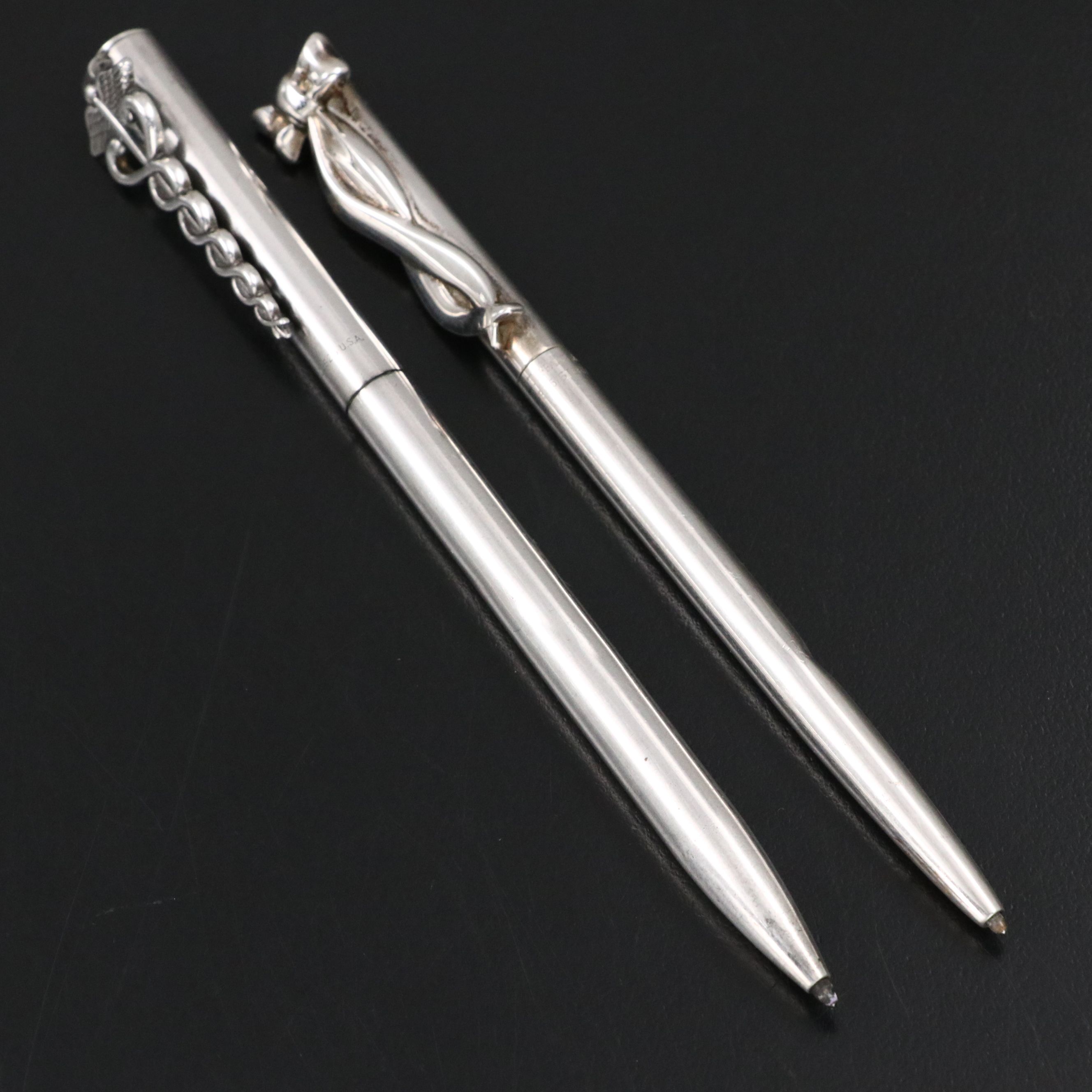Tiffany & Co. Sterling Silver Caduceus and Ribbon Ballpoint Pens