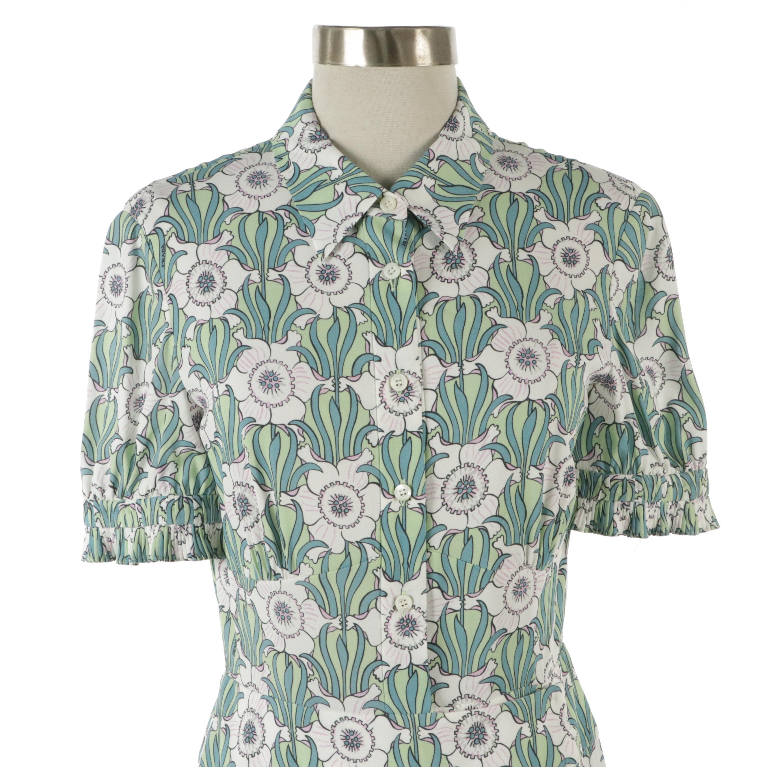 Prada Floral Print Button and Snap-Front Wrap Shirt Dress with Tag