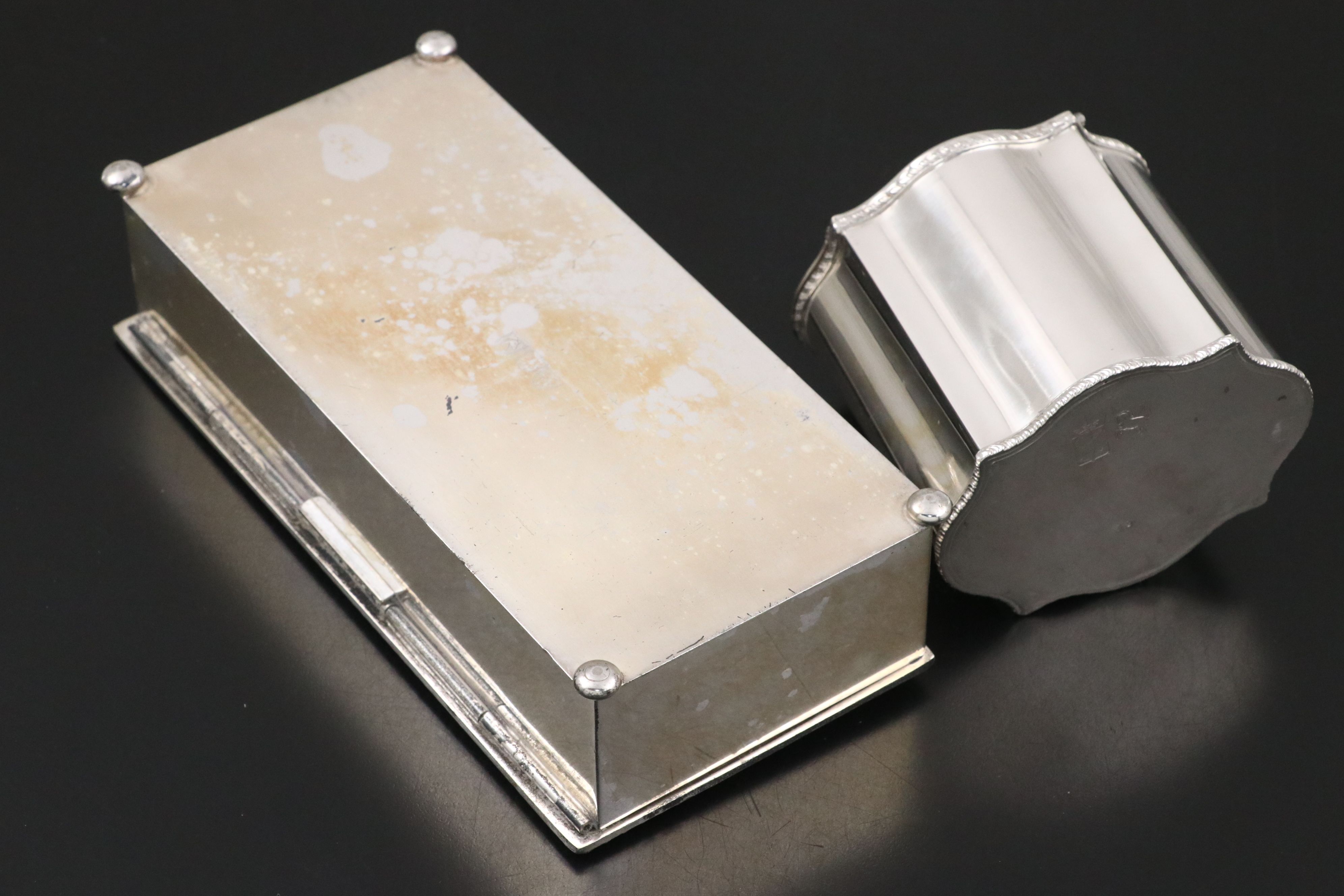 Friedman Silver Plate Cigar Box with Mid Century Silver Plate Cigarette Box