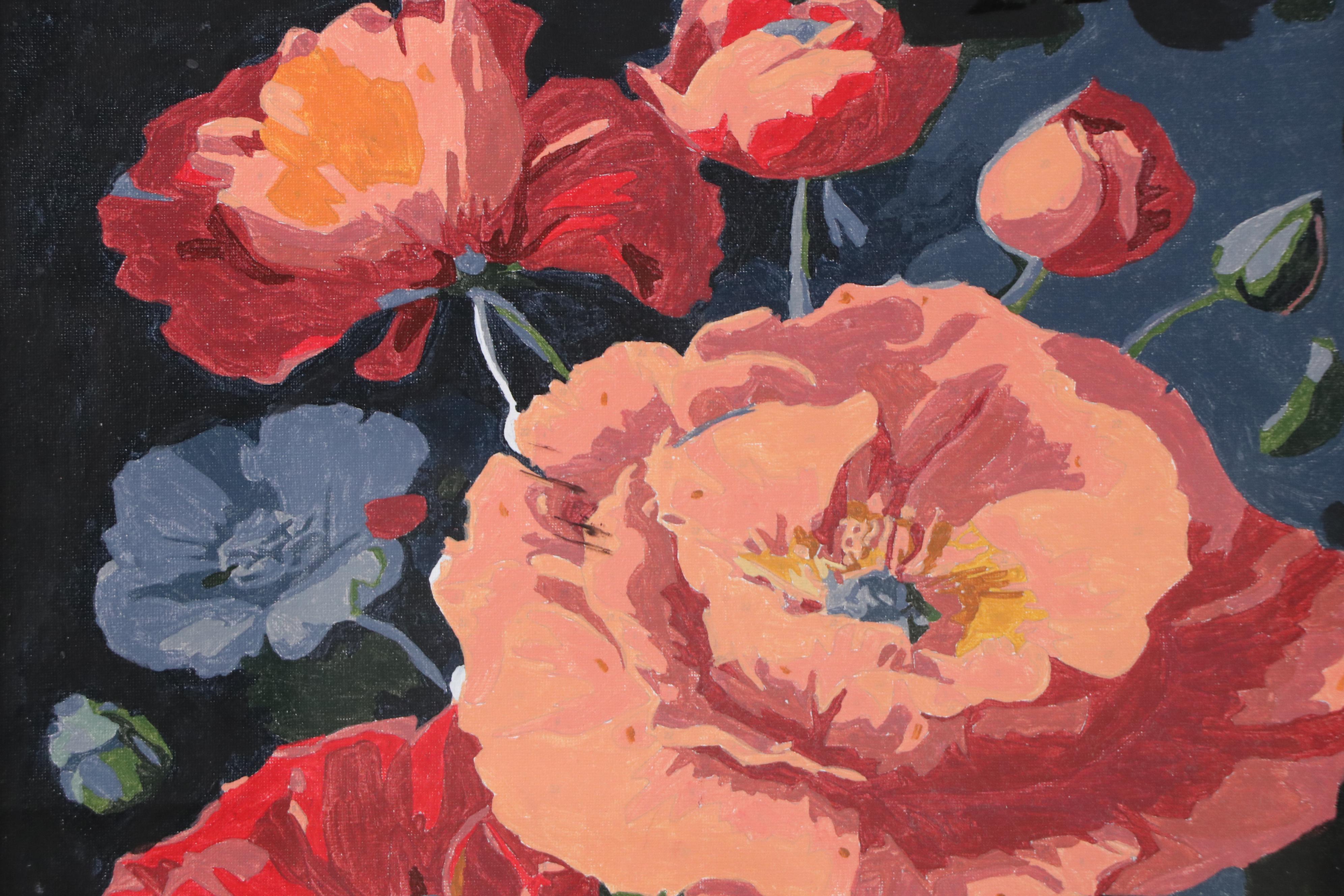 Brittony Martin Floral Acrylic Painting "Orange and Red Poppies on Black," 2025
