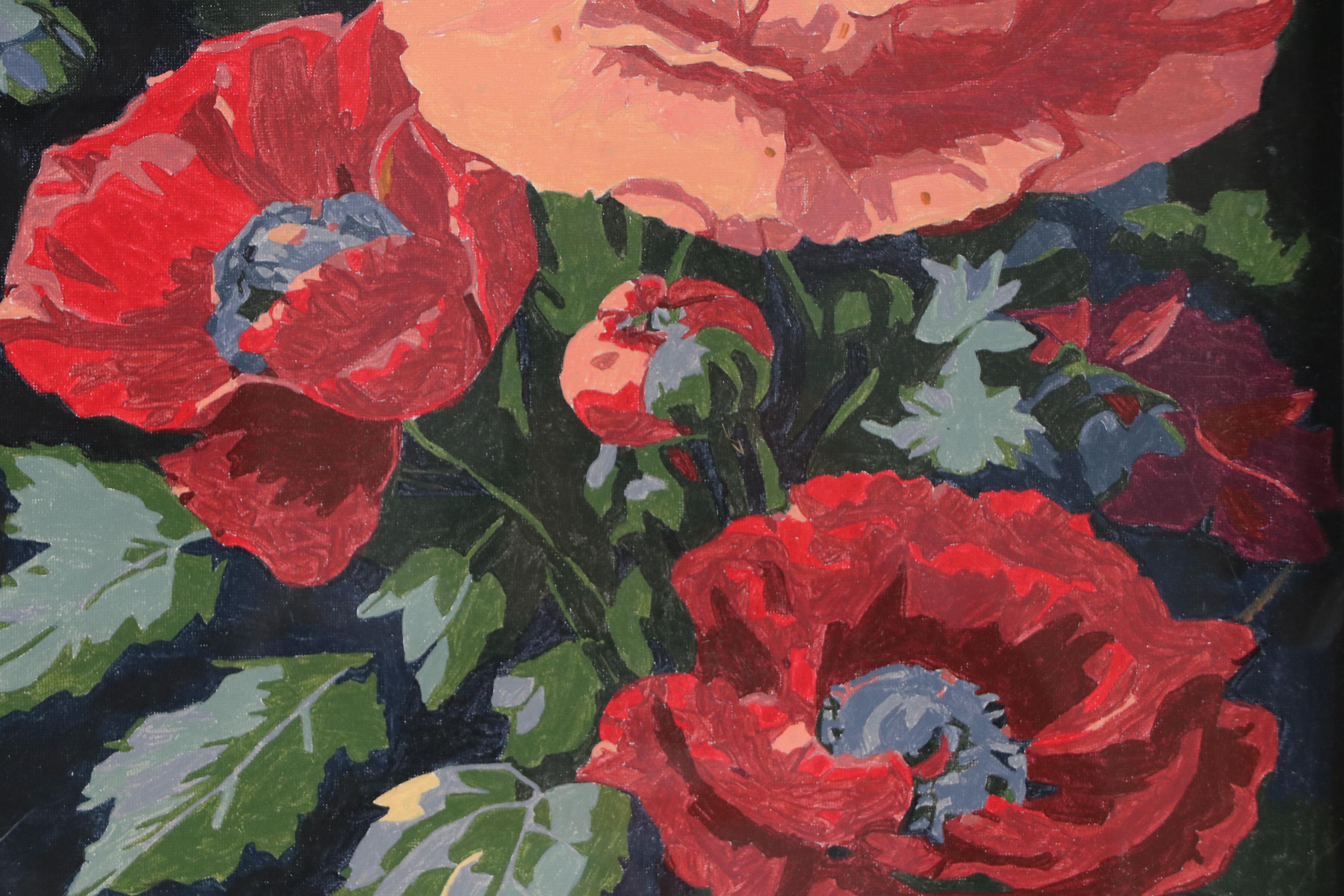 Brittony Martin Floral Acrylic Painting "Orange and Red Poppies on Black," 2025
