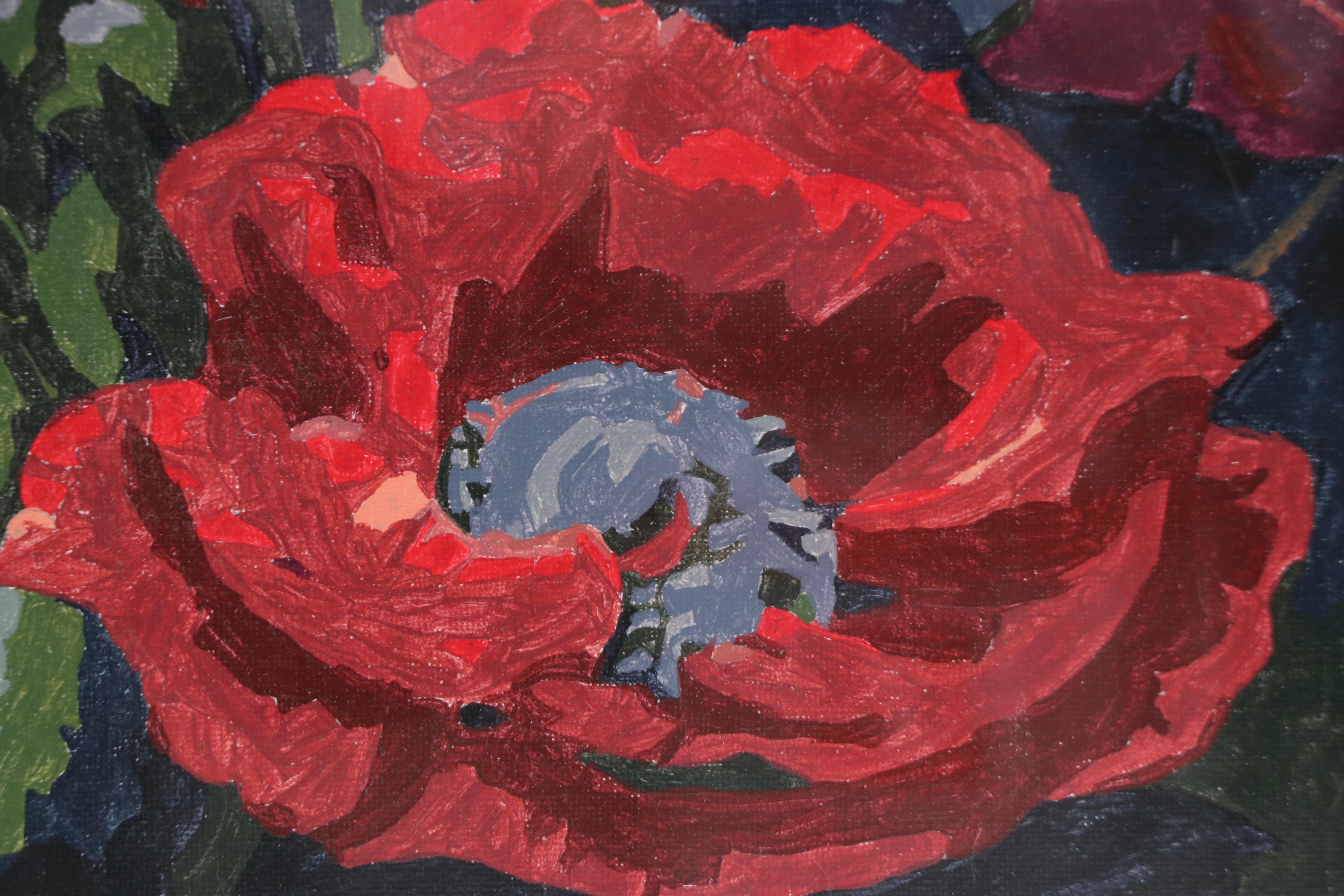 Brittony Martin Floral Acrylic Painting "Orange and Red Poppies on Black," 2025