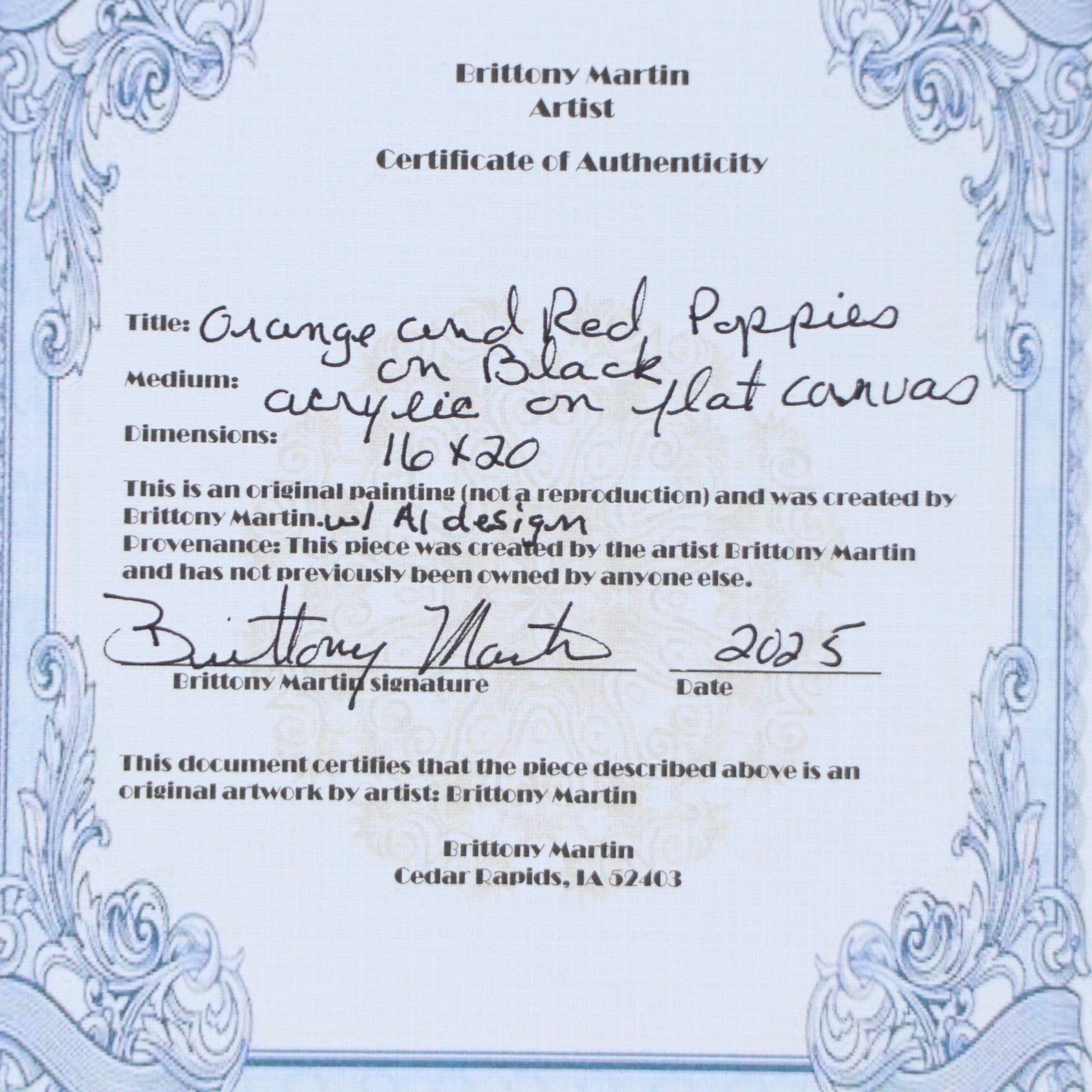 Brittony Martin Floral Acrylic Painting "Orange and Red Poppies on Black," 2025