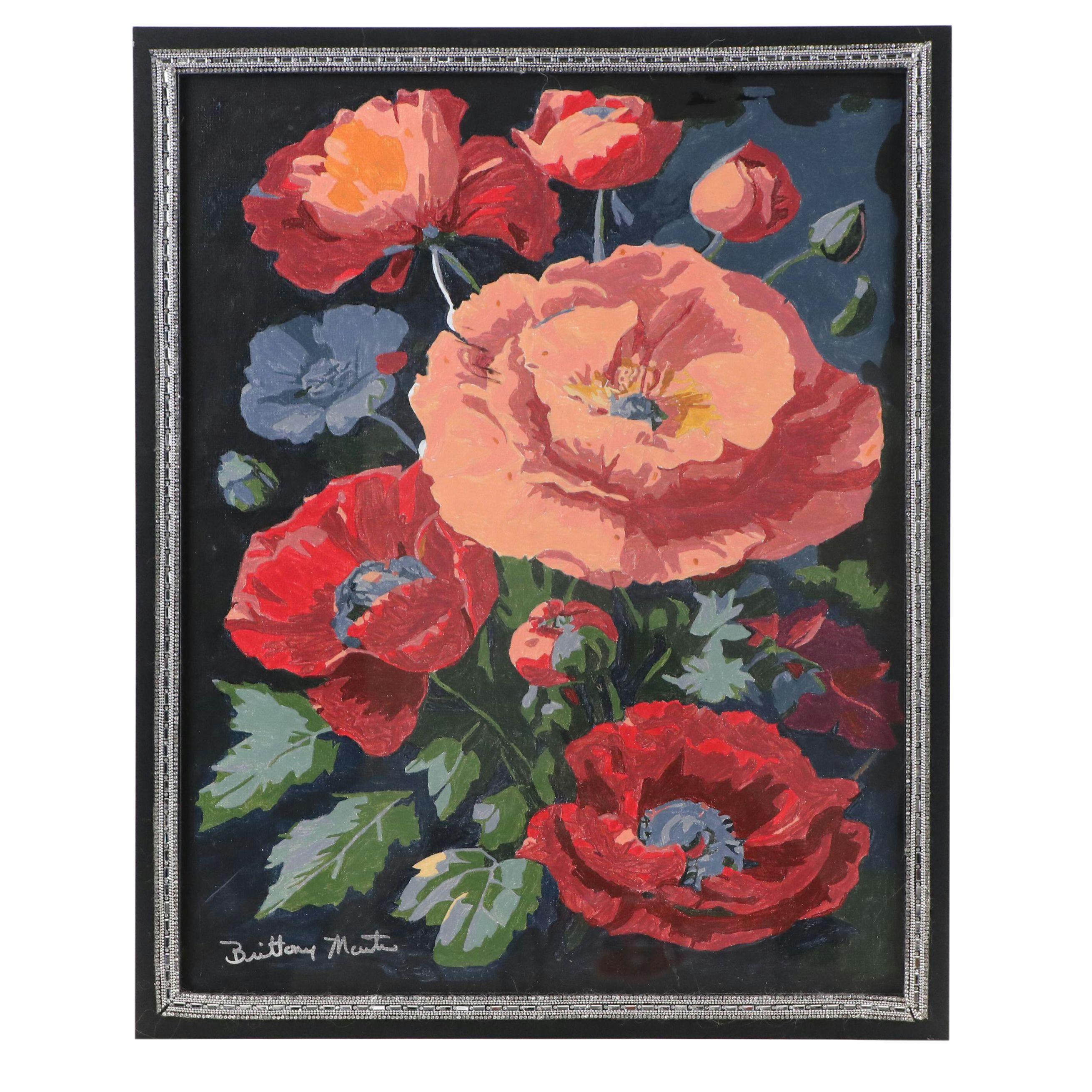 Brittony Martin Floral Acrylic Painting "Orange and Red Poppies on Black," 2025
