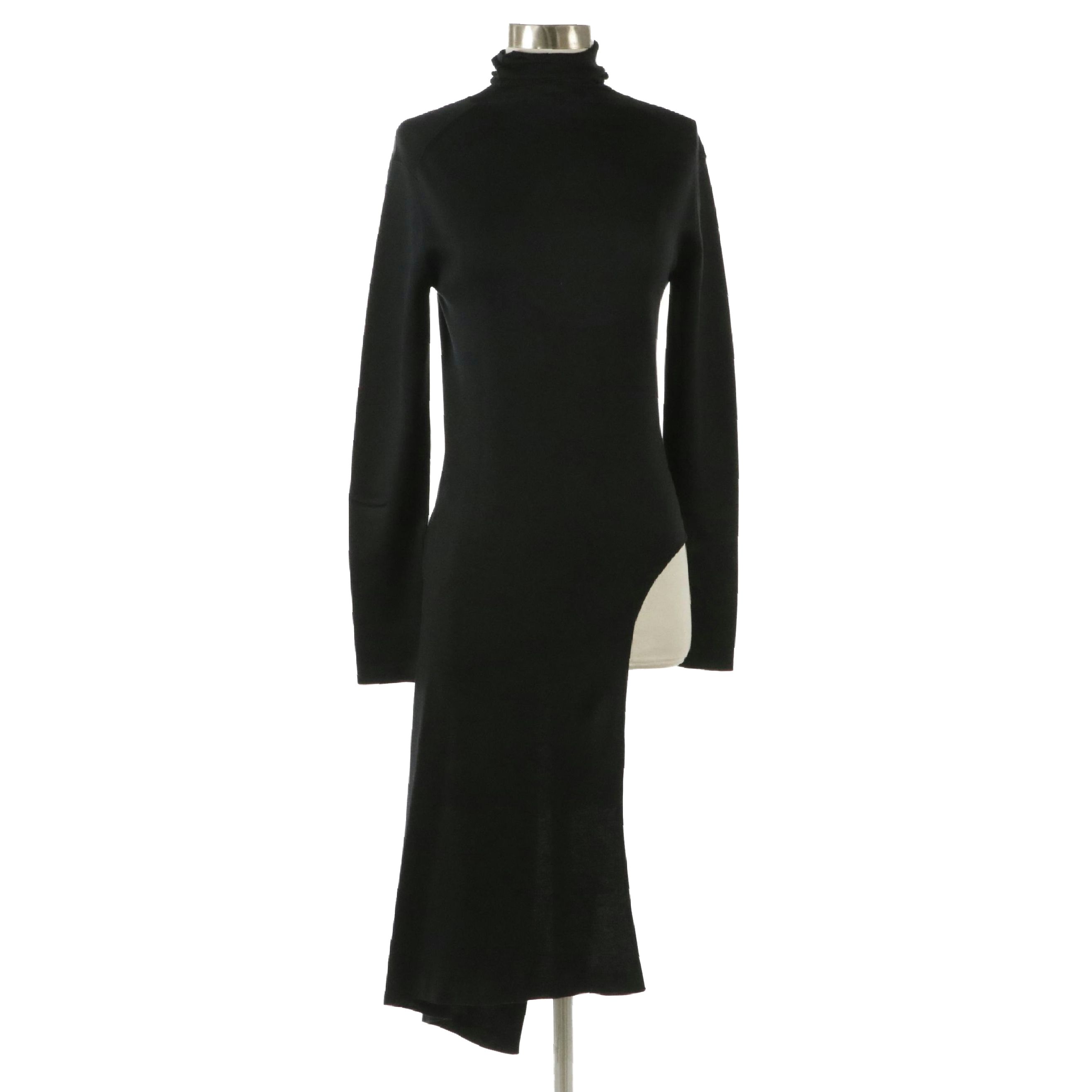 Balenciaga Black Silk Knit Turtleneck Sculptural Slit Dress