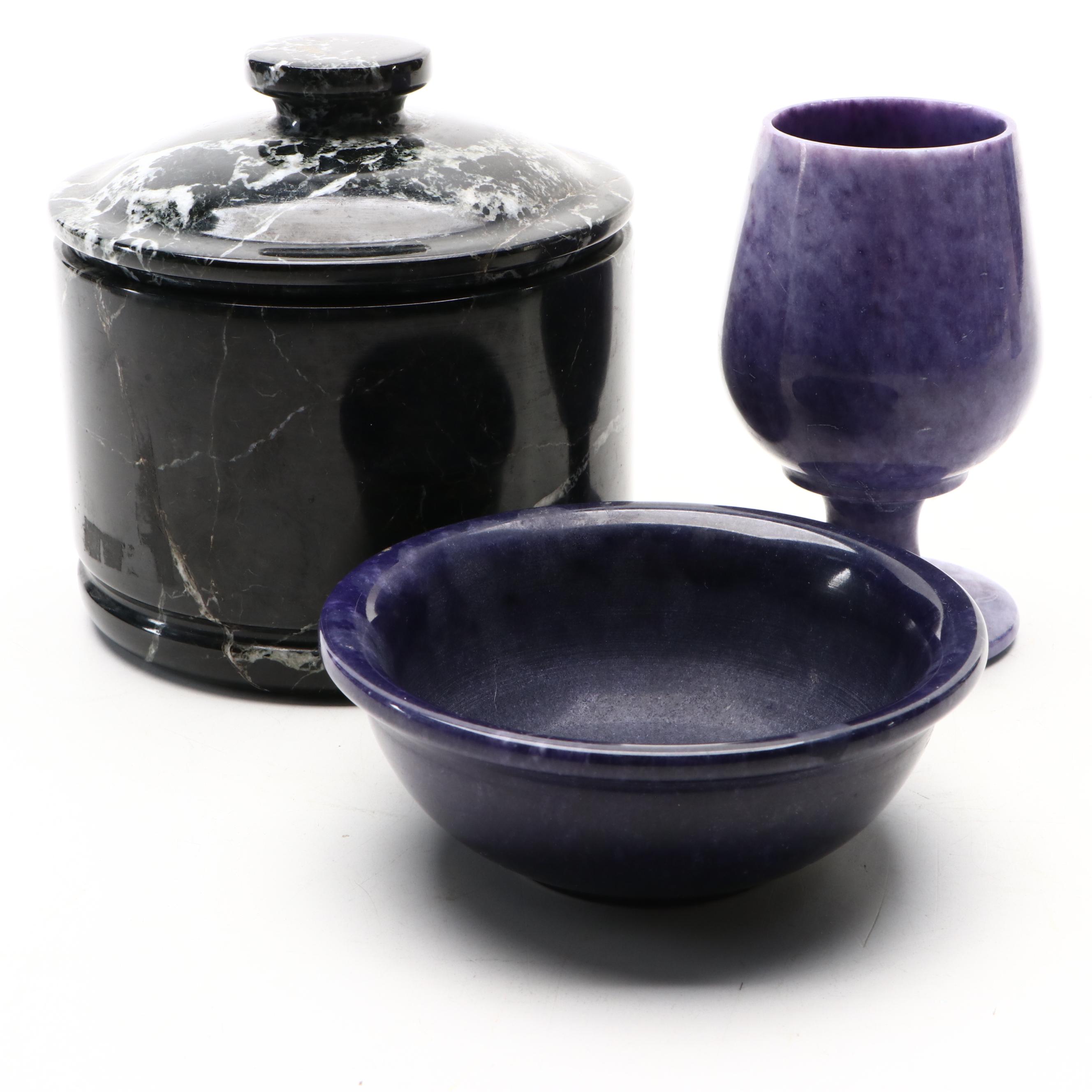 Polished and Carved Marble Lidded Jar and Dyed Calcite Table Accessories