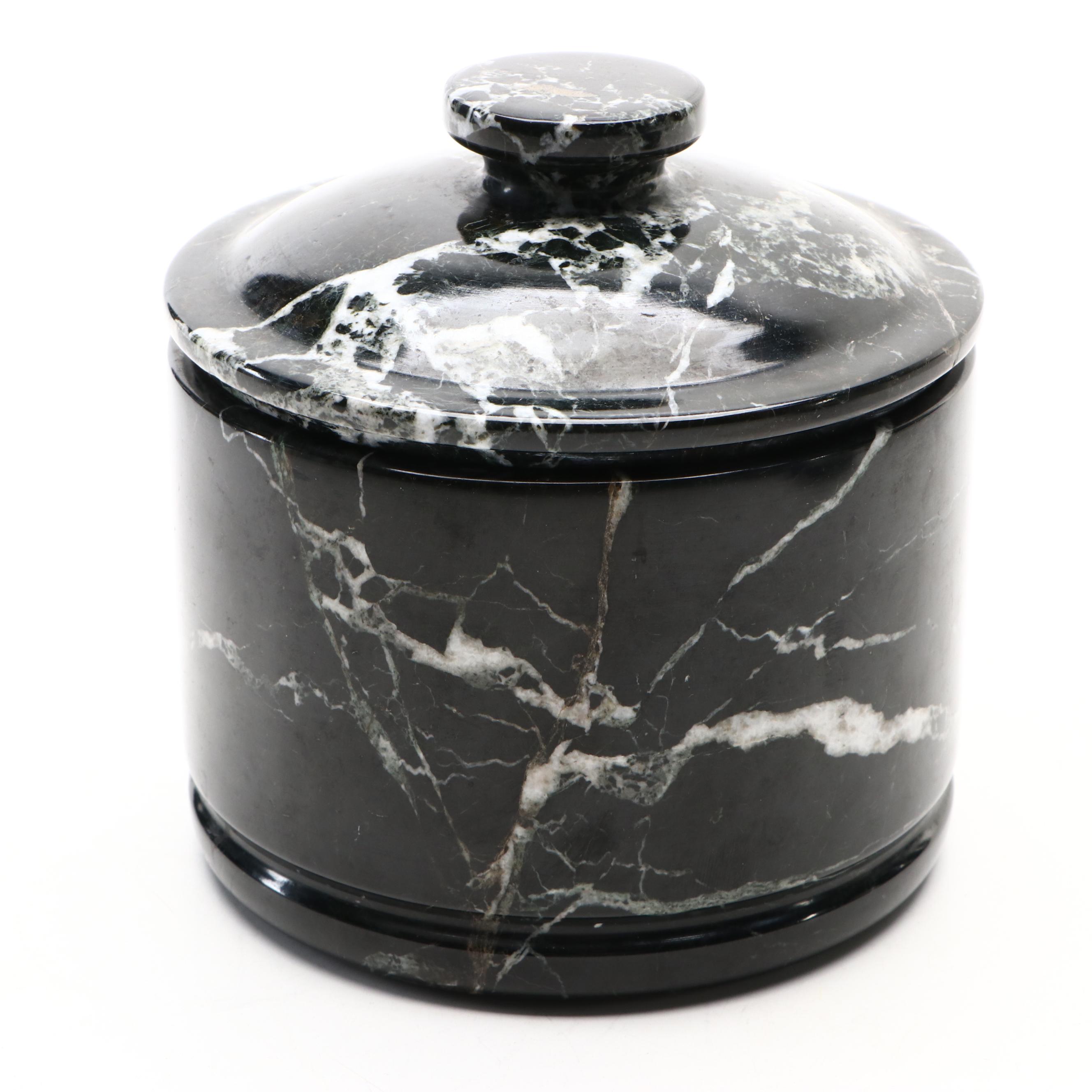 Polished and Carved Marble Lidded Jar and Dyed Calcite Table Accessories