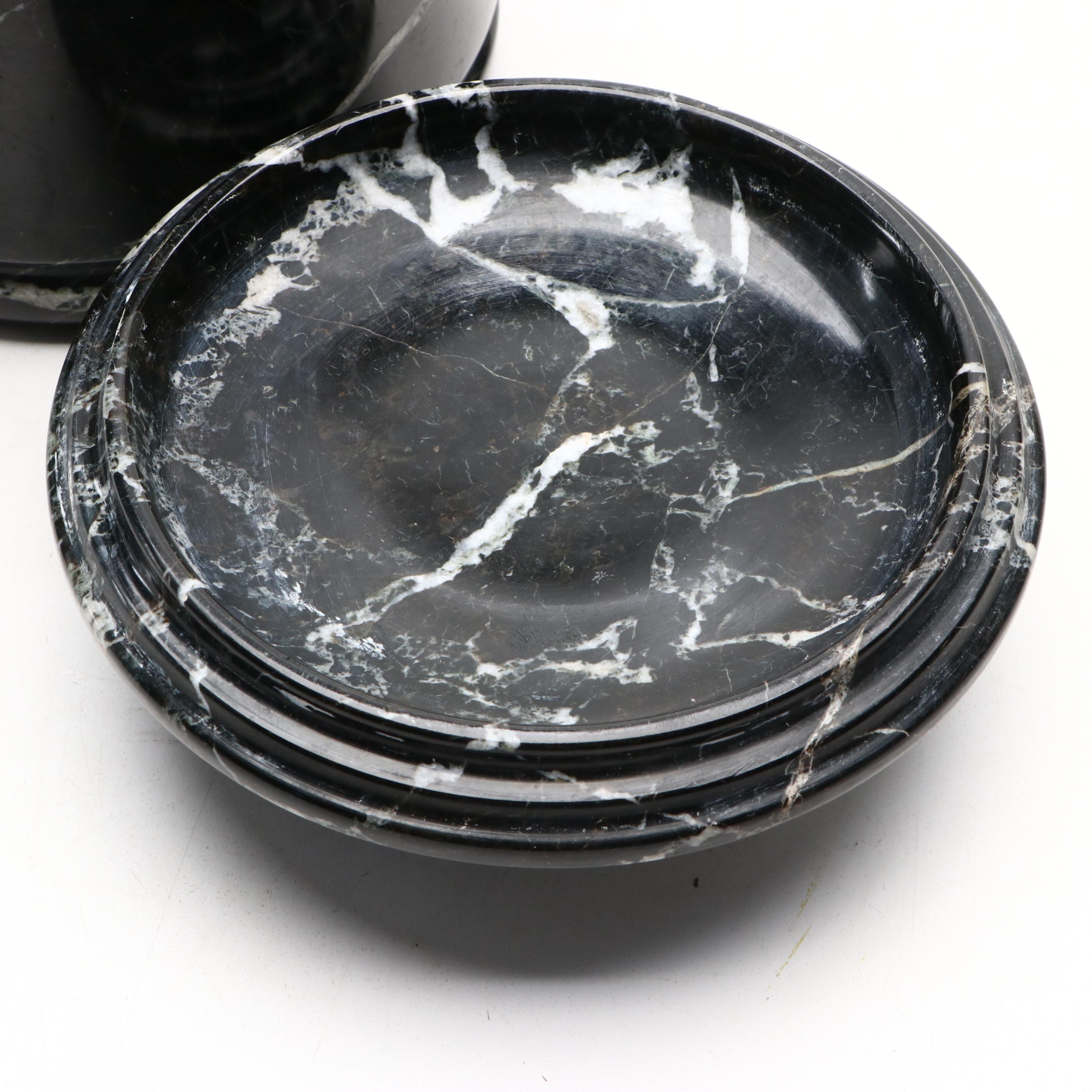 Polished and Carved Marble Lidded Jar and Dyed Calcite Table Accessories