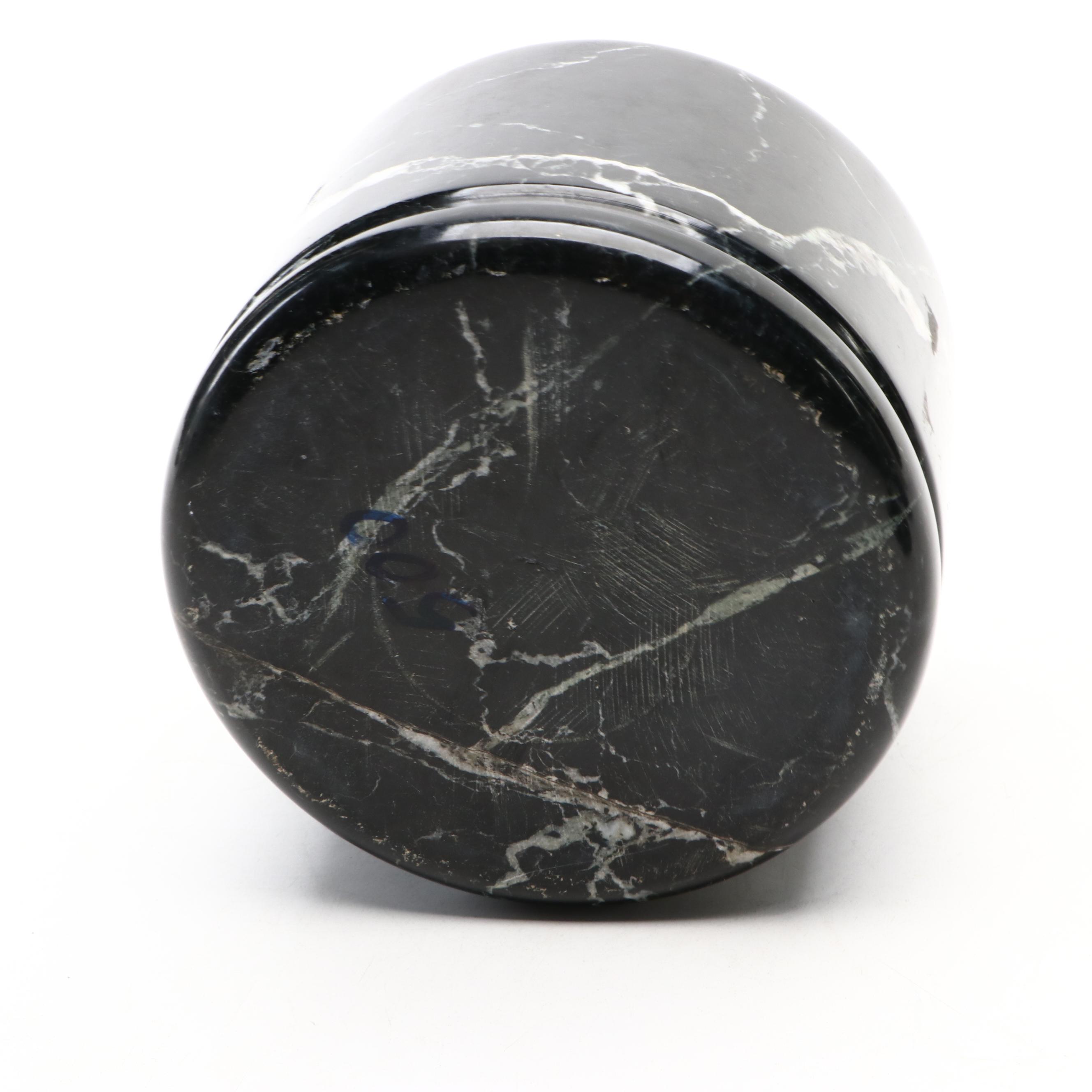 Polished and Carved Marble Lidded Jar and Dyed Calcite Table Accessories