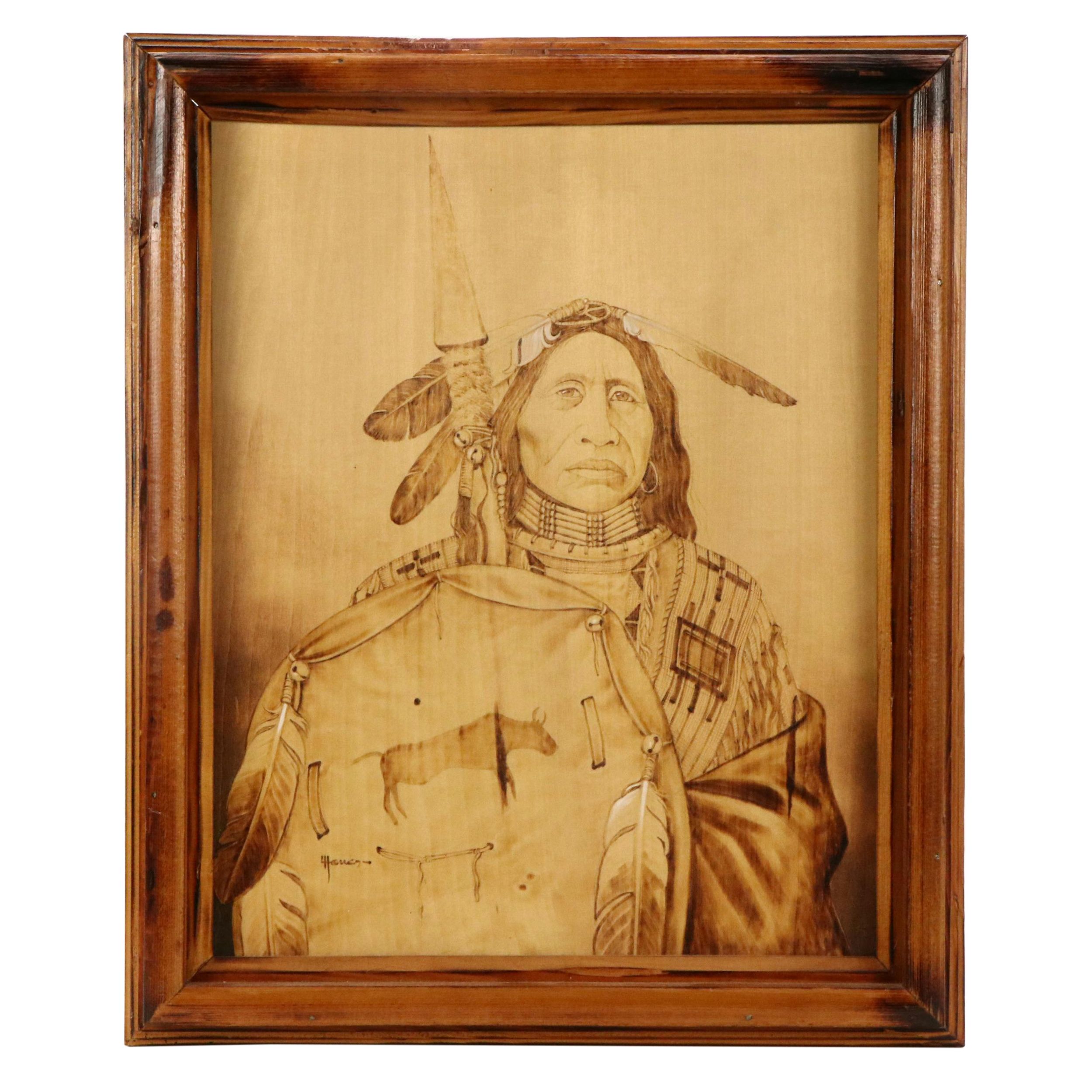 Pyrography Wood Portrait of Indigenous American Man, 20th Century
