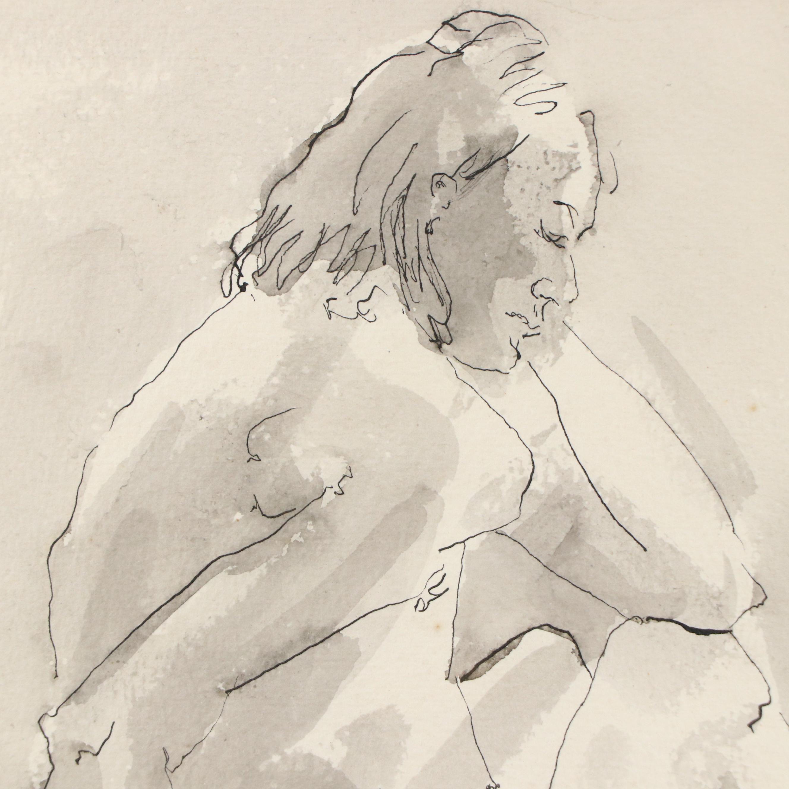 Ruthe Pearlman Figural Ink and Wash Drawing of Nude Woman