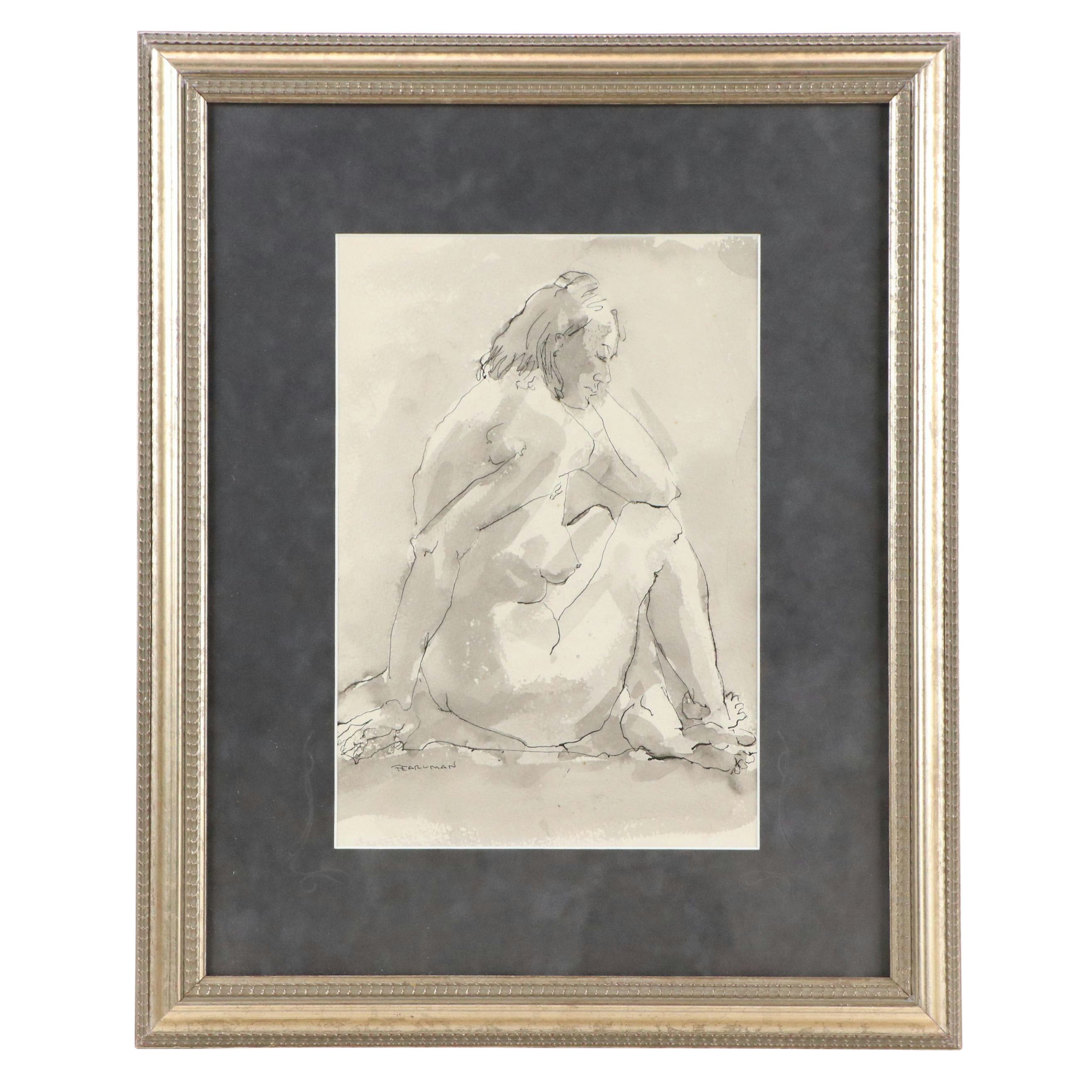 Ruthe Pearlman Figural Ink and Wash Drawing of Nude Woman