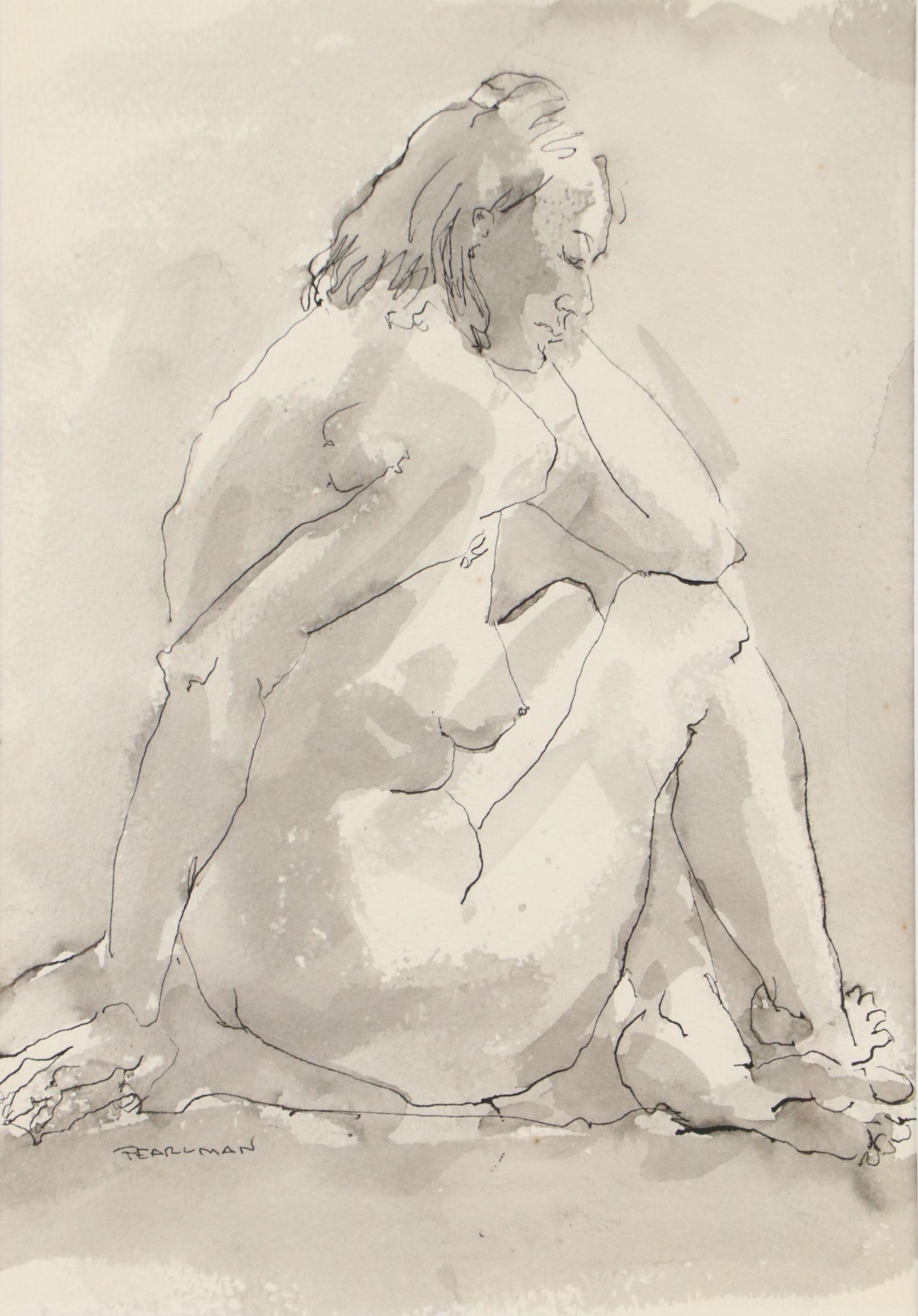 Ruthe Pearlman Figural Ink and Wash Drawing of Nude Woman