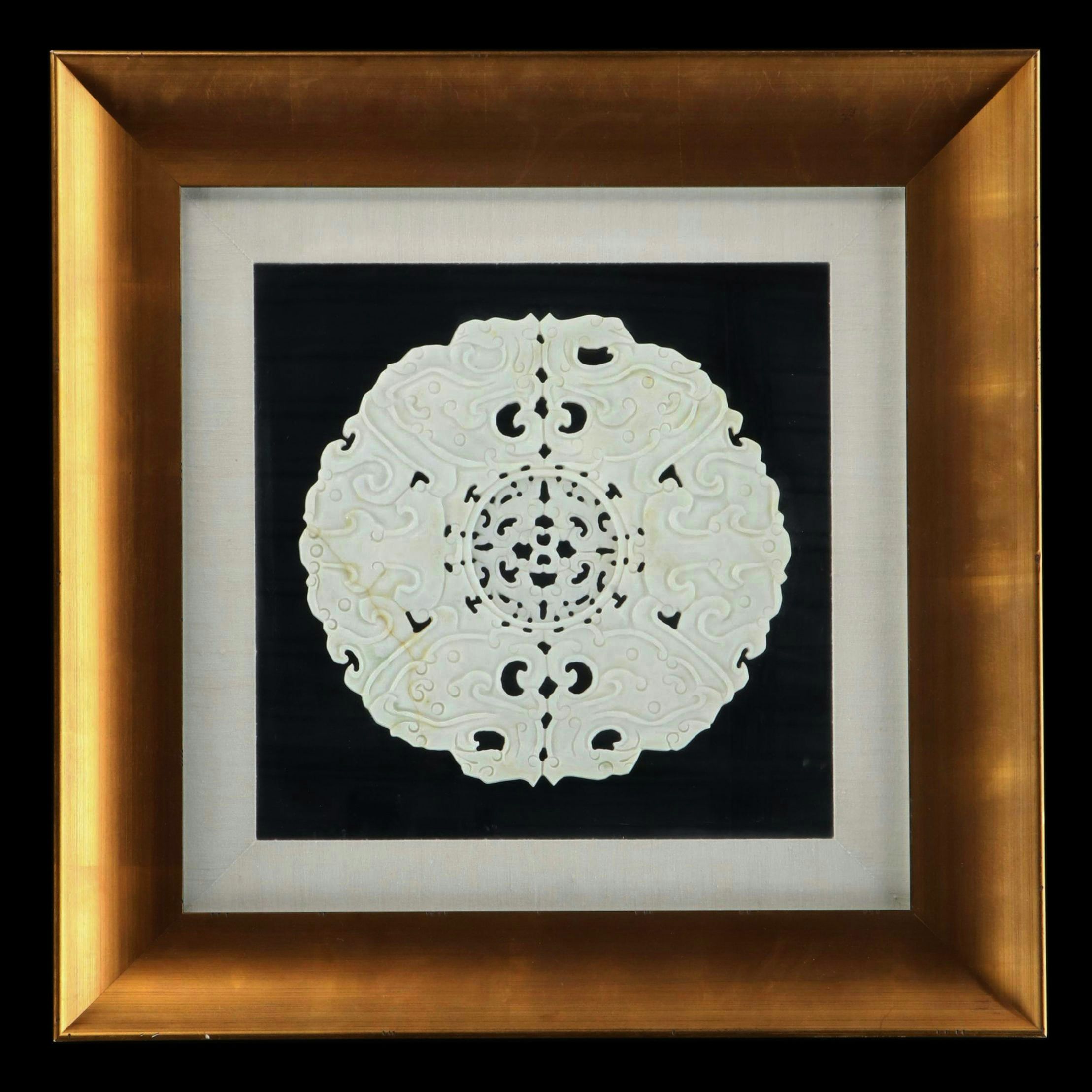 Chinese Hand-Carved Serpentine Disc in Floating Frame