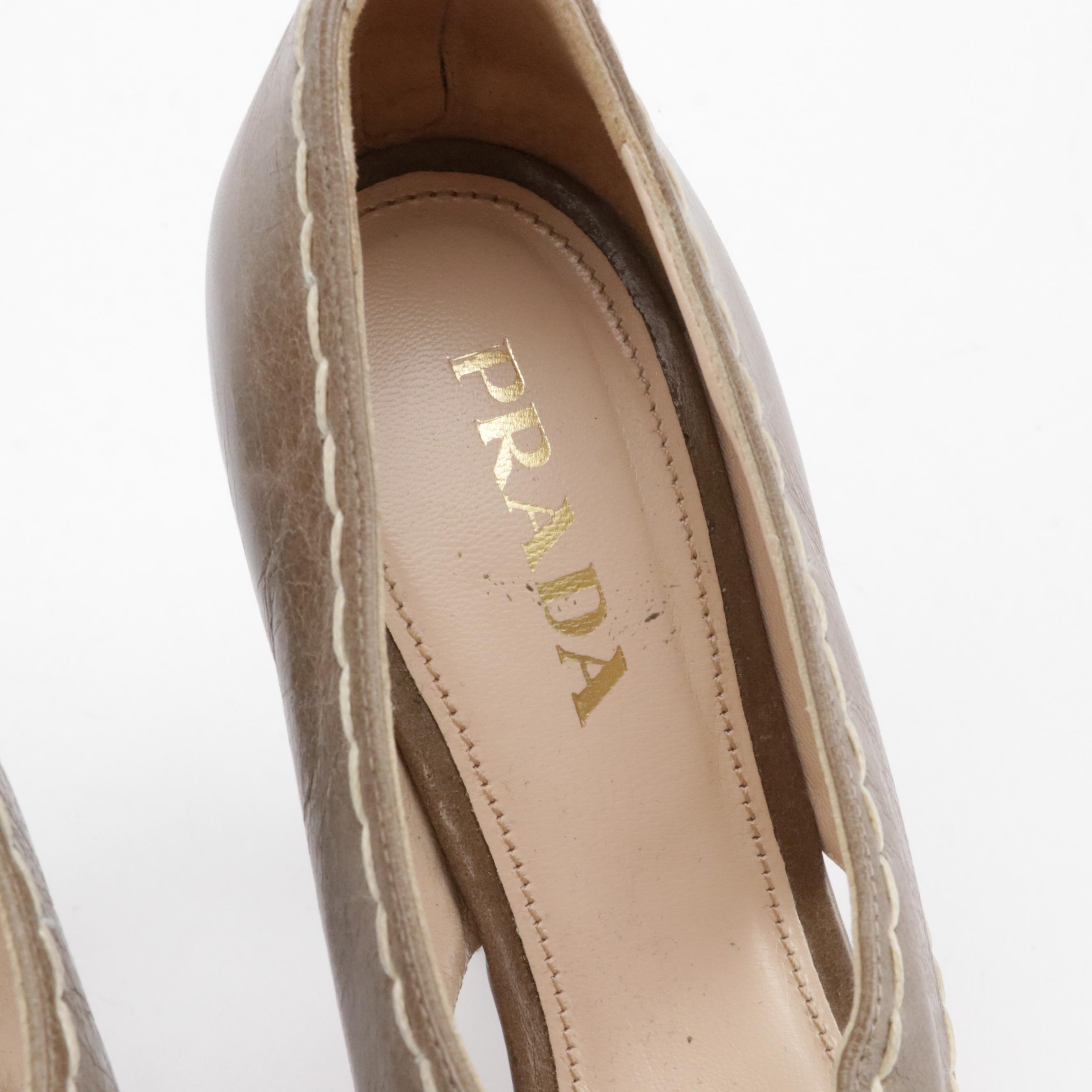 Prada Criss-Cross Peep Toe Pumps Shoes in Contrast-Stitched Taupe Leather
