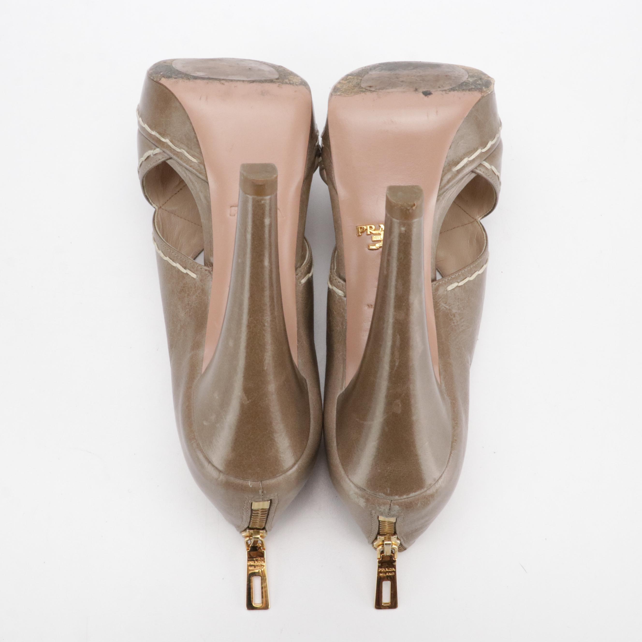 Prada Criss-Cross Peep Toe Pumps Shoes in Contrast-Stitched Taupe Leather