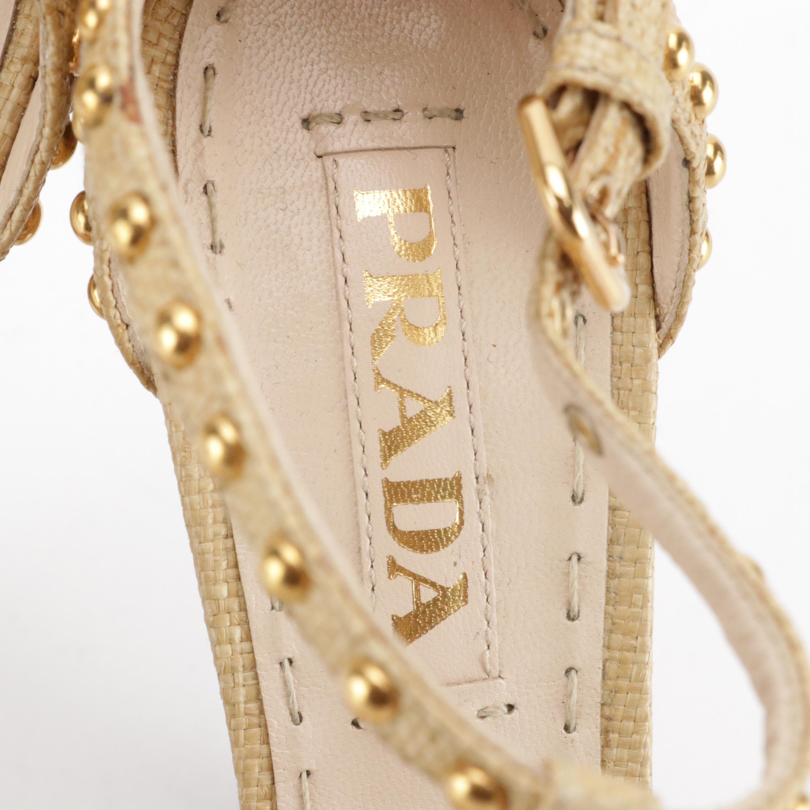 Prada Gold Studded Raffia T-Strap Open-Toe Platform Stilettos Shoes