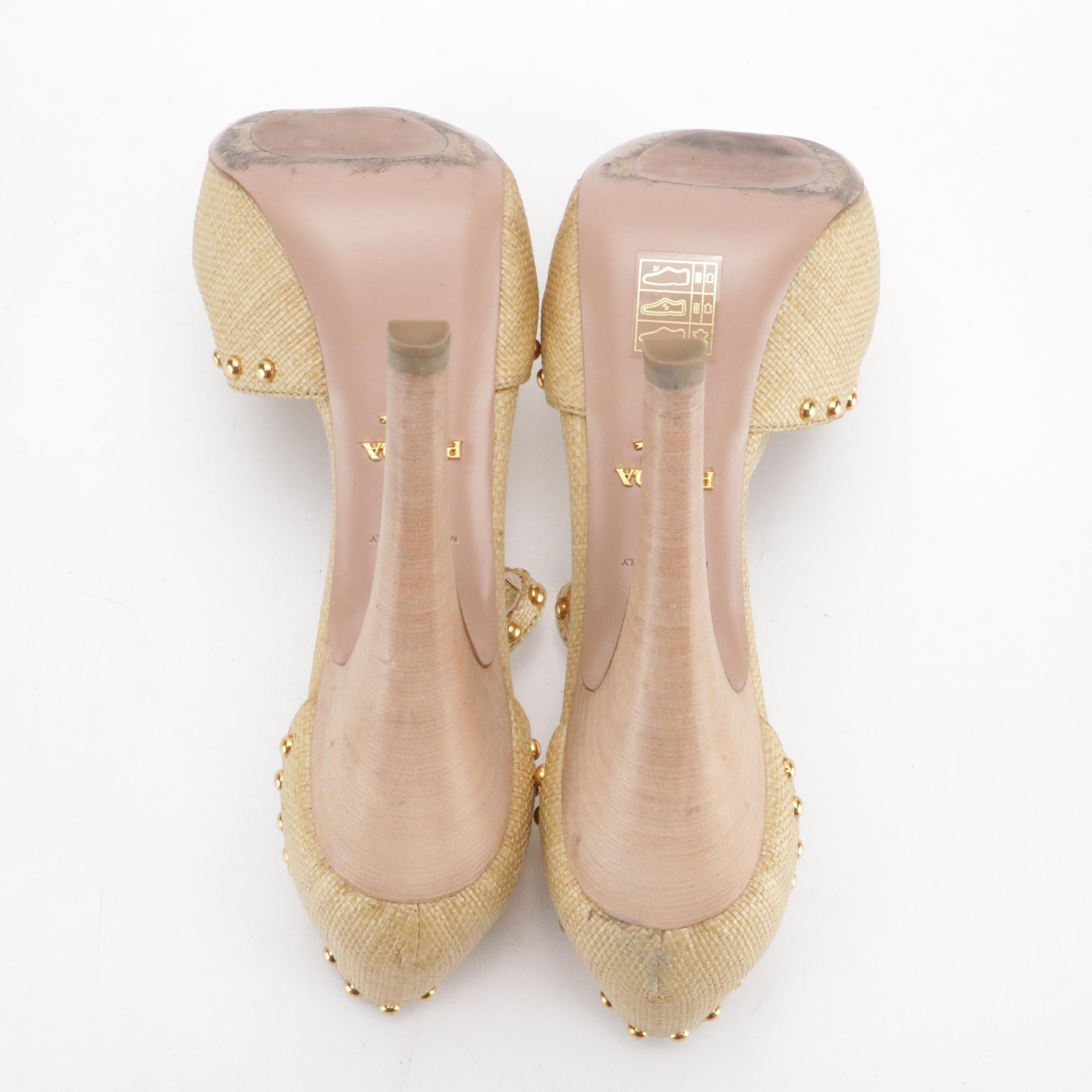 Prada Gold Studded Raffia T-Strap Open-Toe Platform Stilettos Shoes