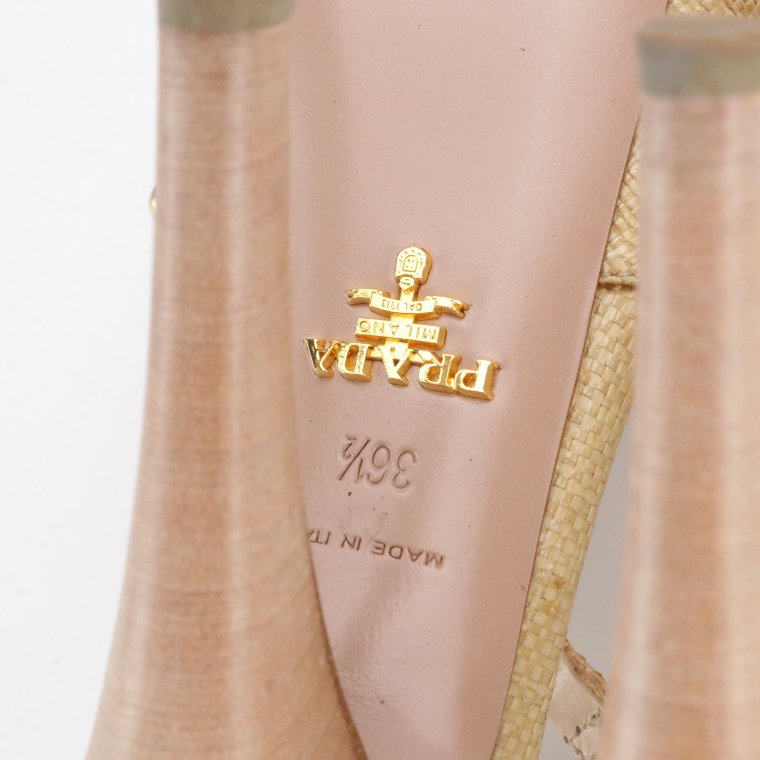 Prada Gold Studded Raffia T-Strap Open-Toe Platform Stilettos Shoes