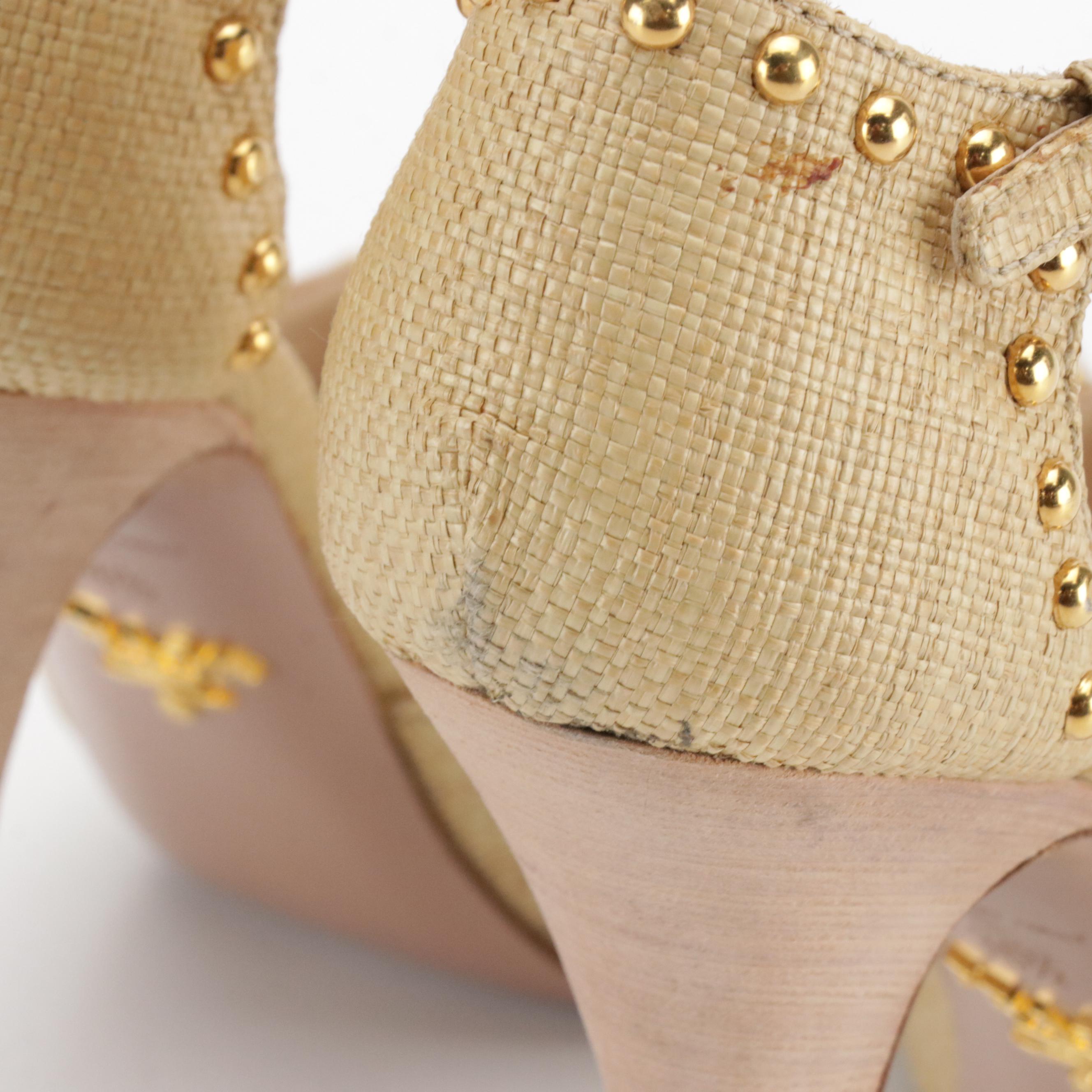 Prada Gold Studded Raffia T-Strap Open-Toe Platform Stilettos Shoes