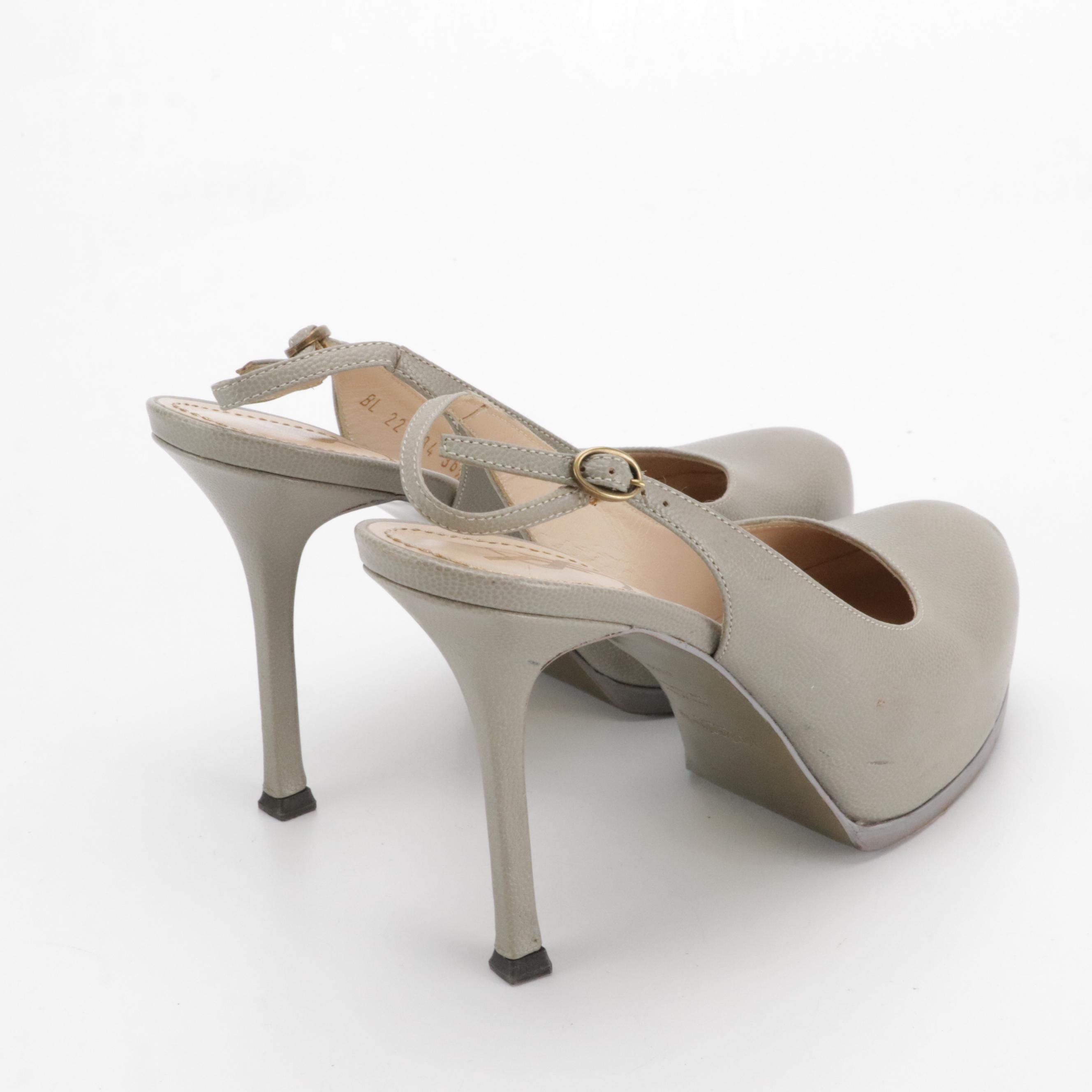 Yves Saint Laurent Platform Slingback Pumps in Light Grey Pebbled Leather